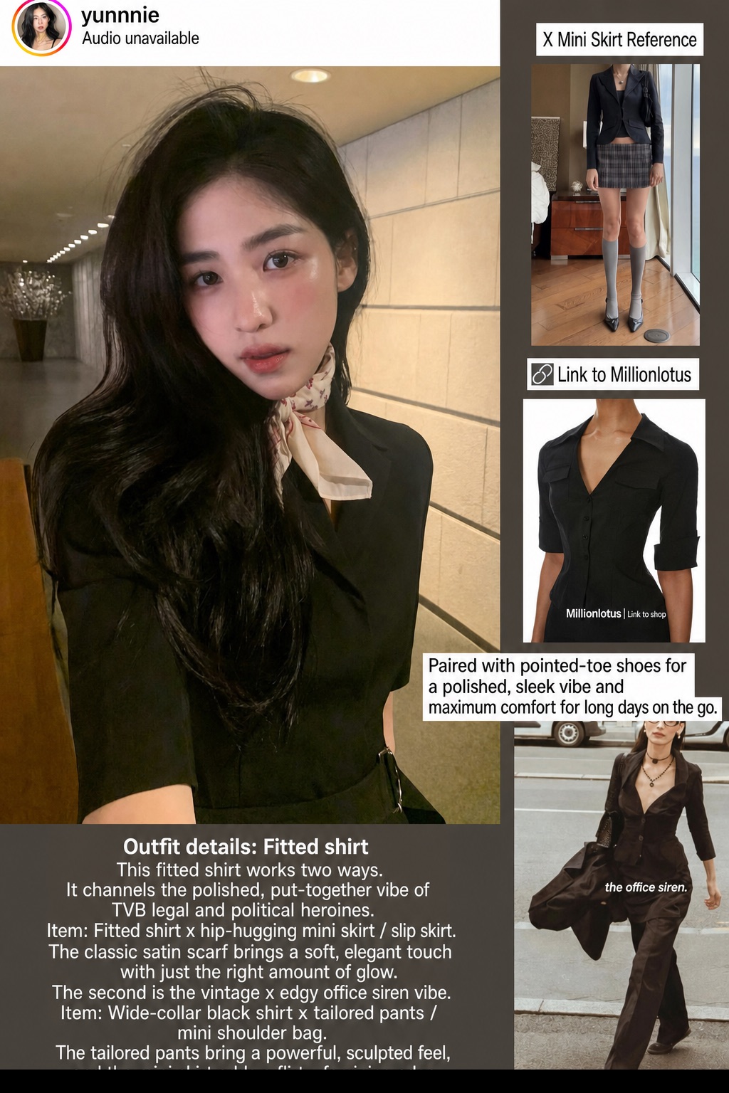 Fitted black shirts, a neck scarf, mini skirts and tailored trousers with English styling notes