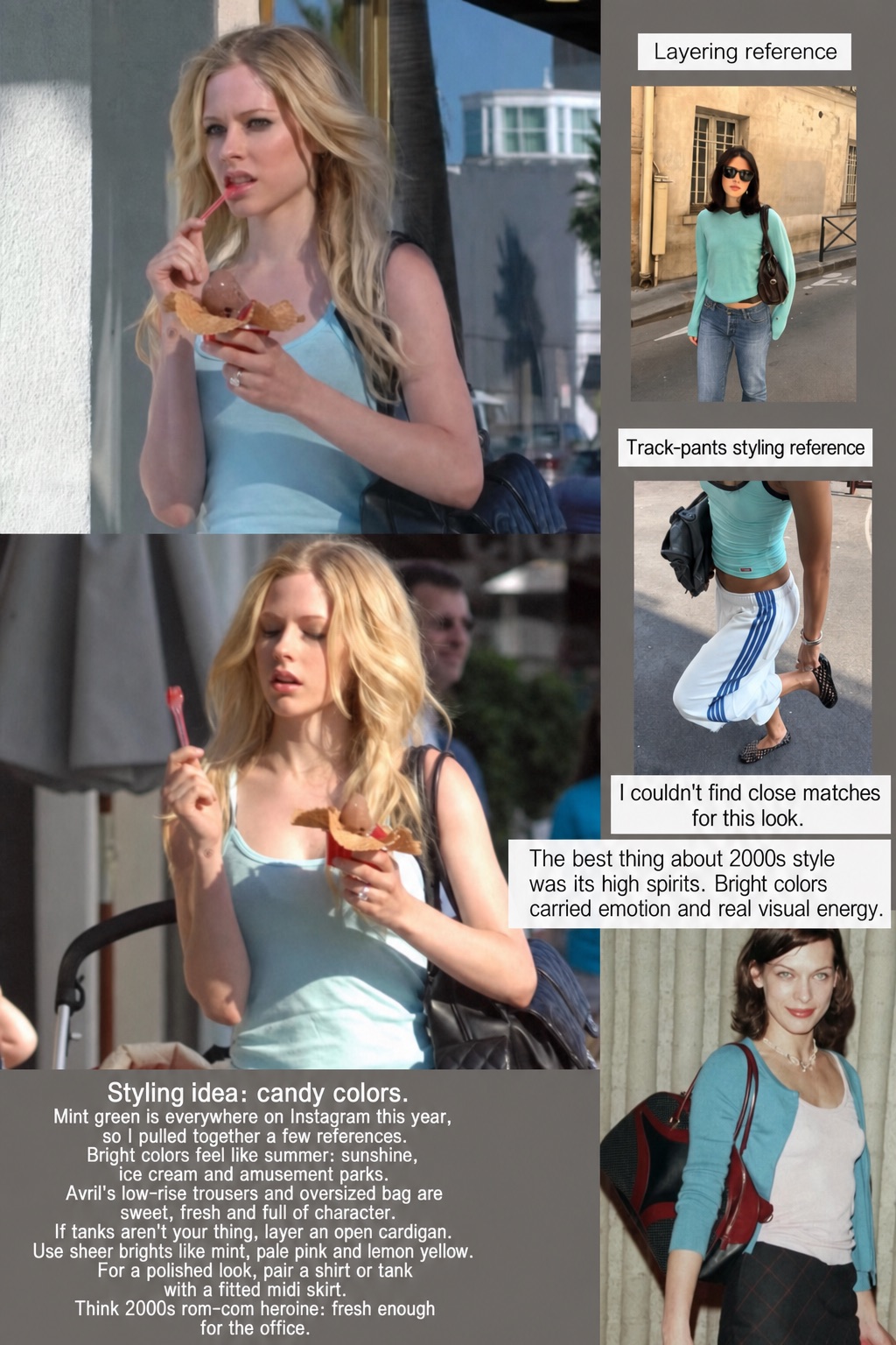 Mint green tops, track pants and bright 2000s color combinations with English styling notes