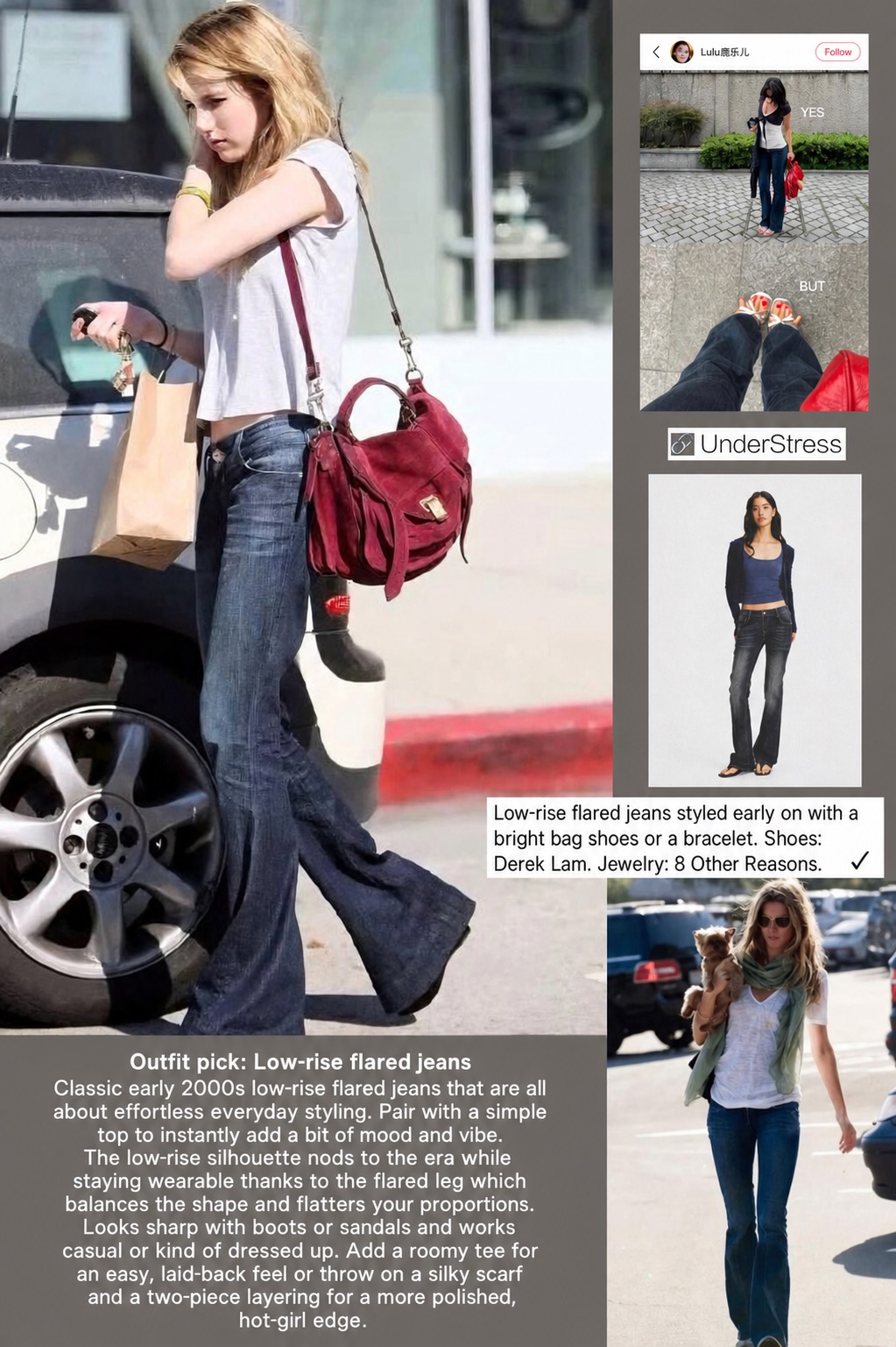 Low-rise flared jeans styled with a bright bag and a lightweight scarf