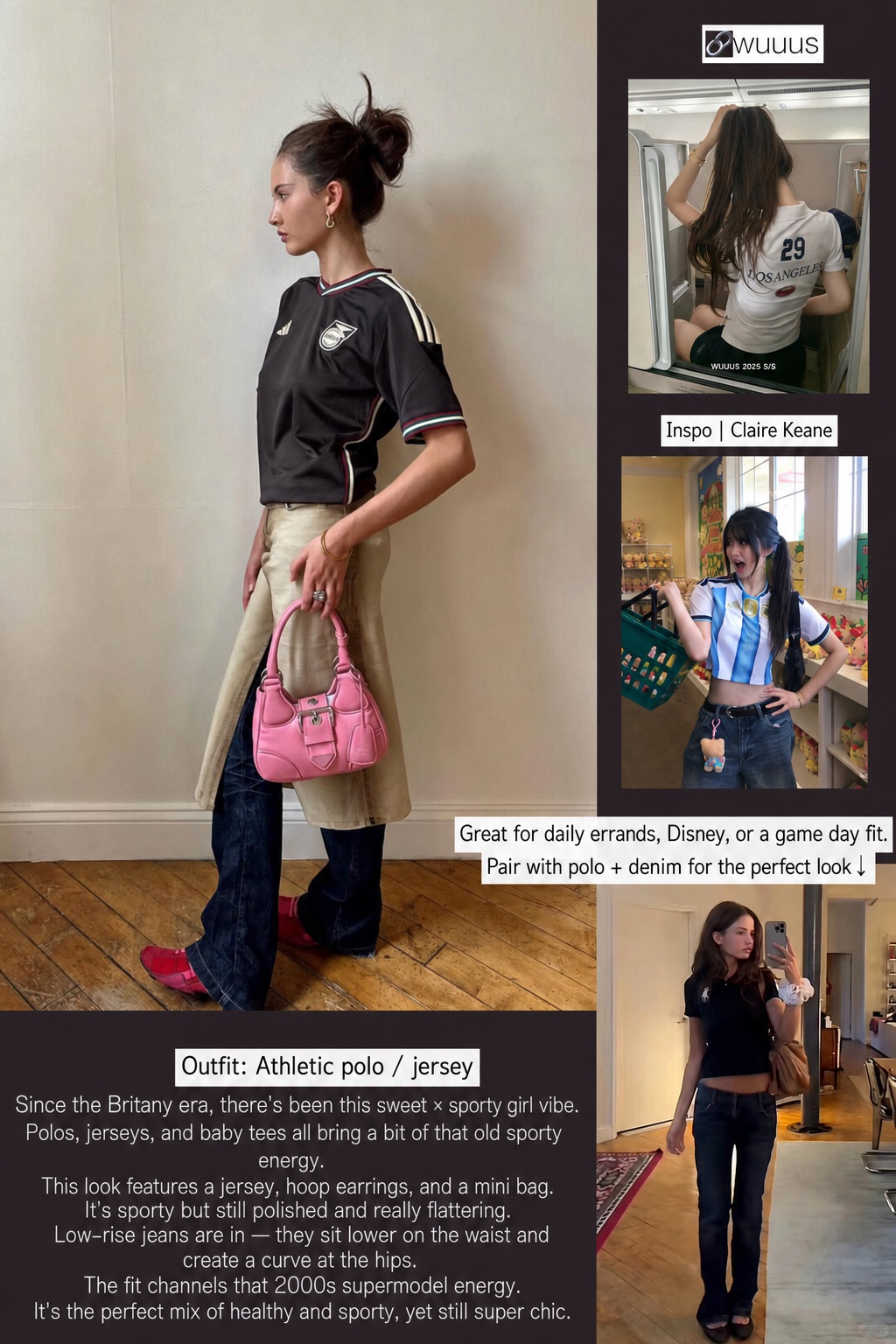 Sporty 2000s outfit references with polo shirts, jerseys, low-rise jeans and a pink mini bag