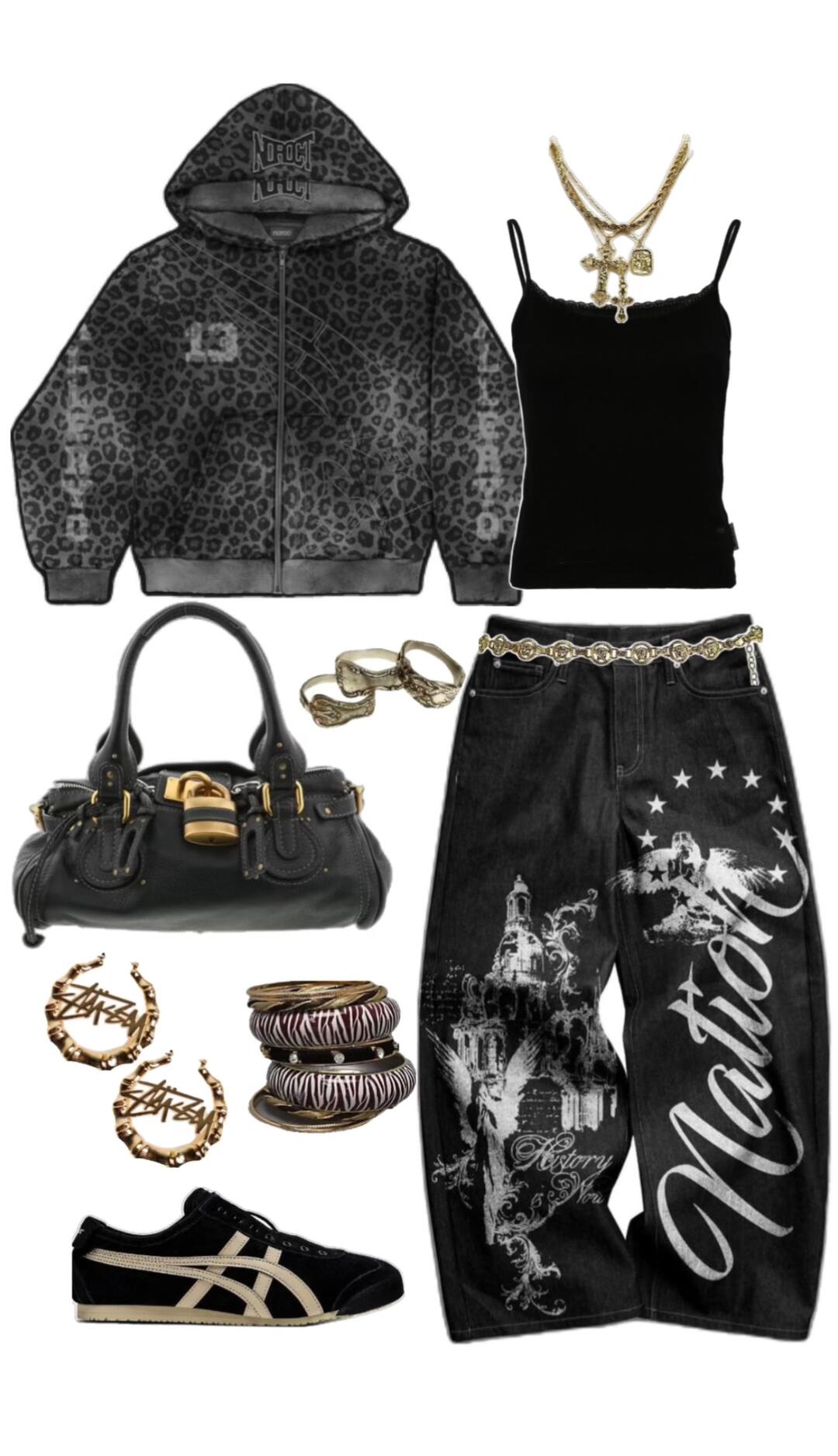 Black jacket, white tank, wide dark jeans, gold jewellery, and a compact handbag