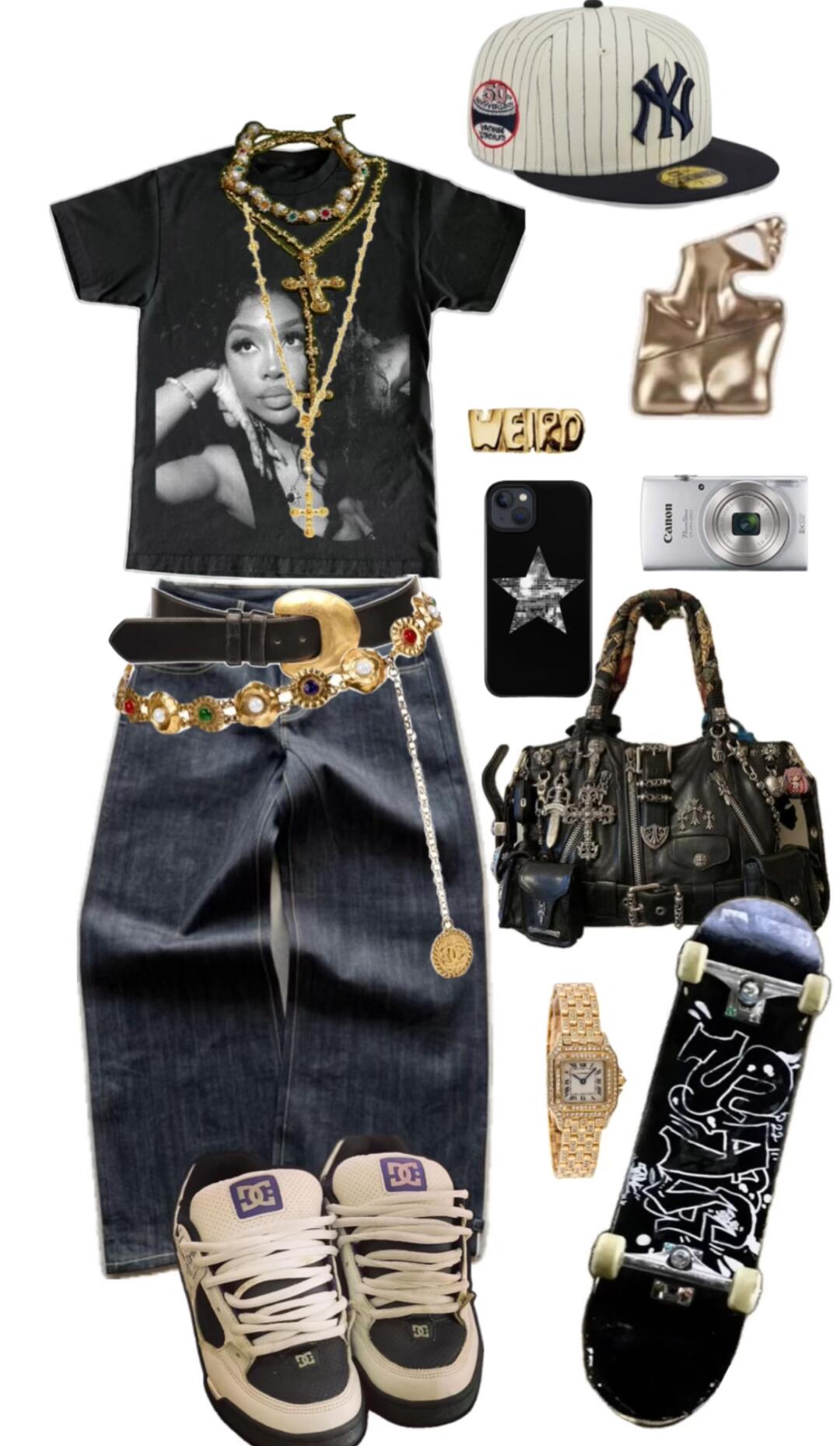 Leopard hoodie, black cami, graphic denim, handbag, and a chain detail