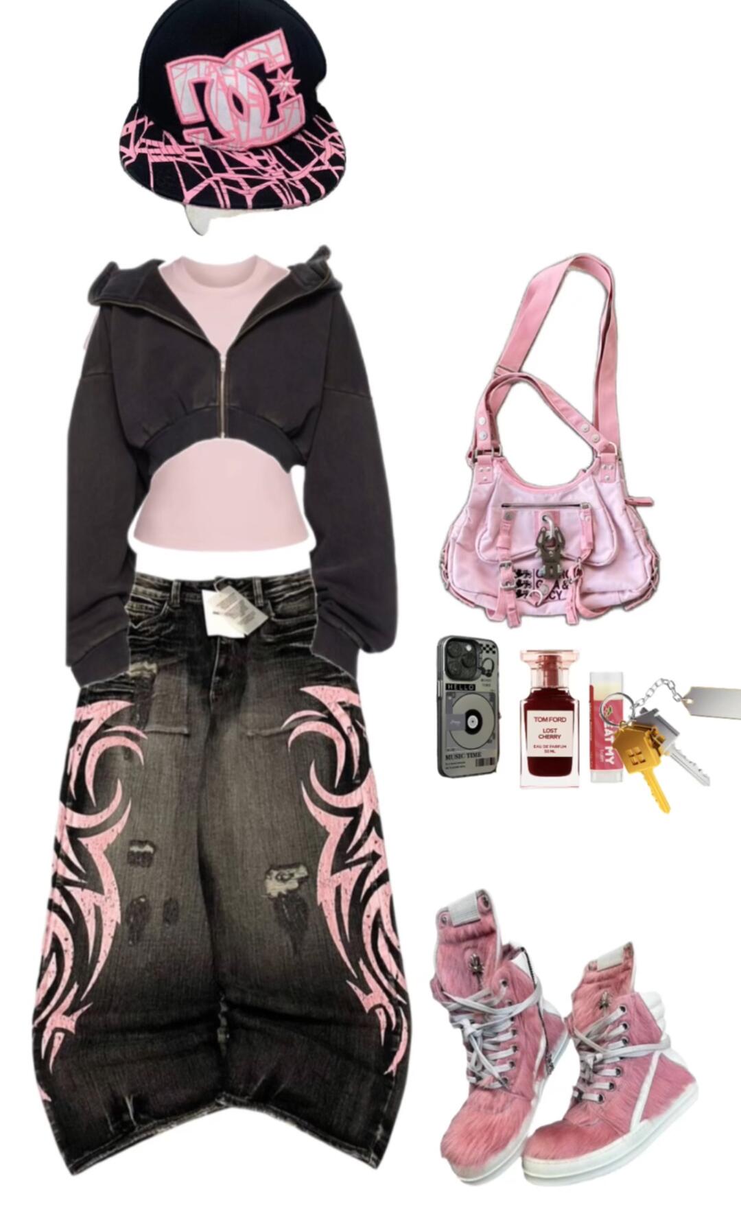 Black tee, baseball cap, jeans, gold chain, and a skateboard in a relaxed streetwear set