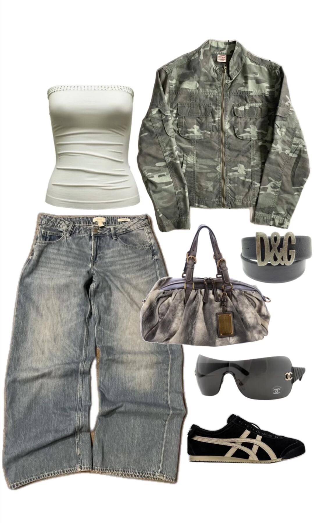 White-and-grey cargo denim look with a structured bag and metallic accents
