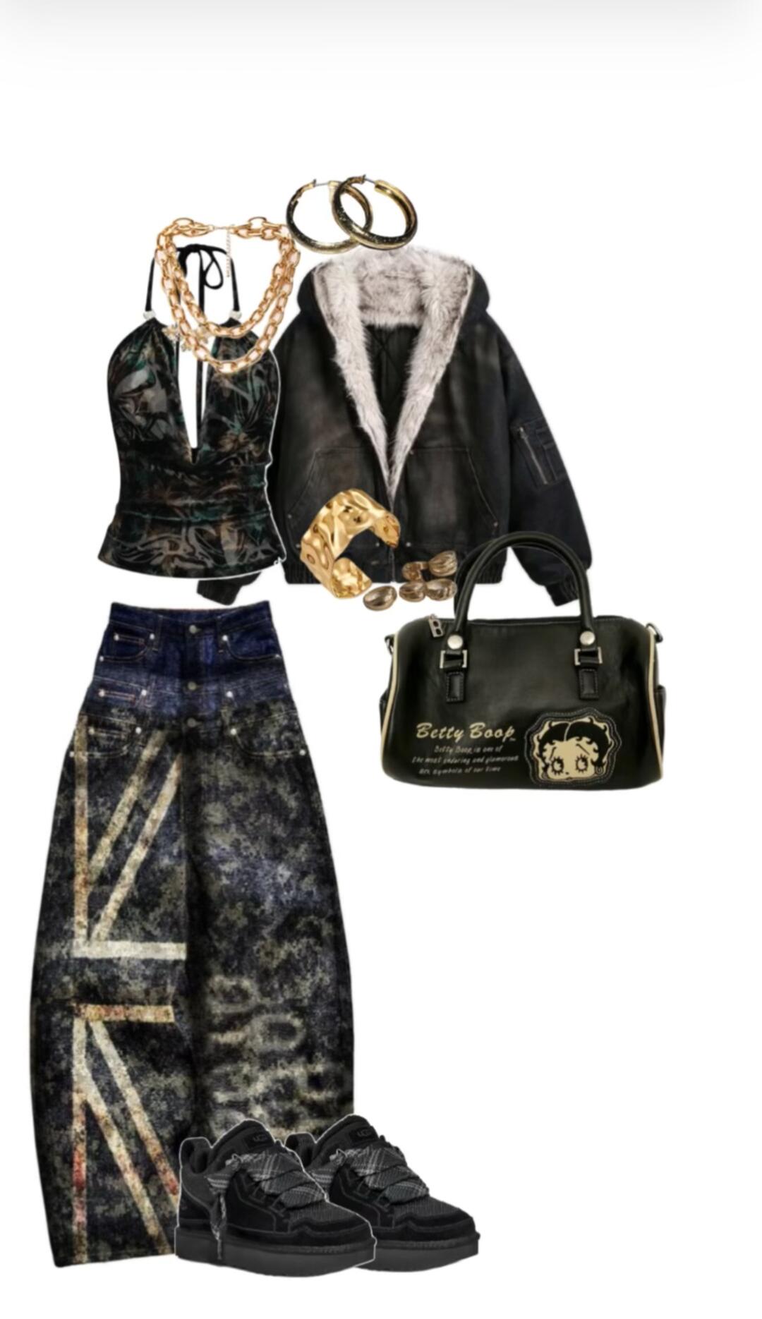 Camo jacket, grey jeans, shoulder bag, and a black technical sneaker