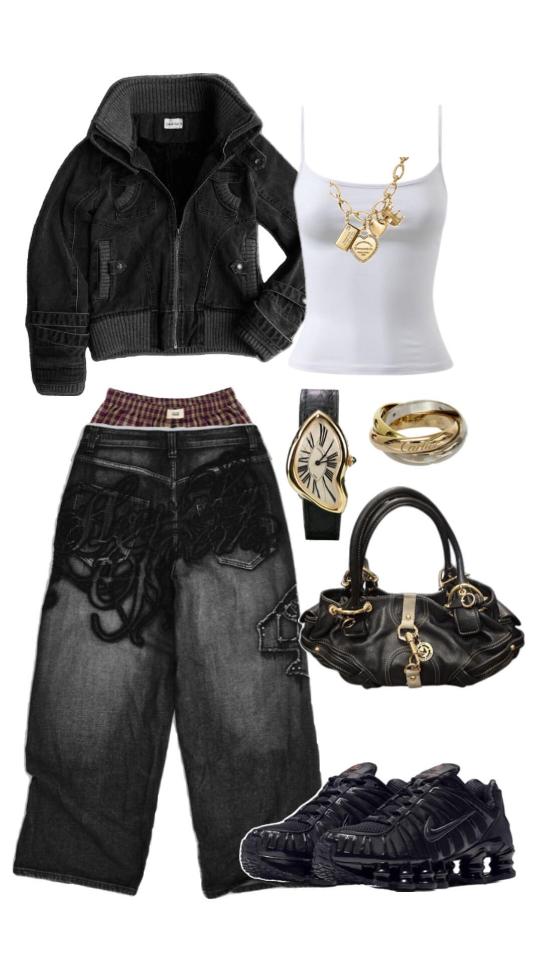 Corset and leather jacket with jeans, black handbag, and dark shoes
