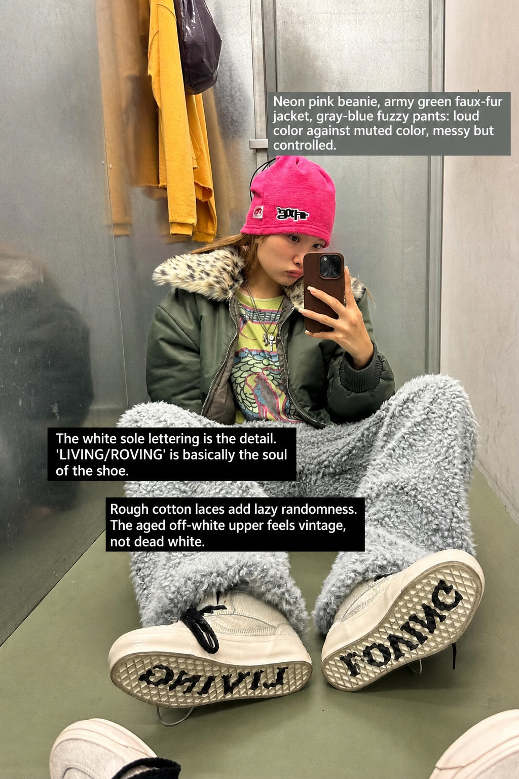 Statement shoes outfit with bright beanie, fuzzy pants and graphic soles
