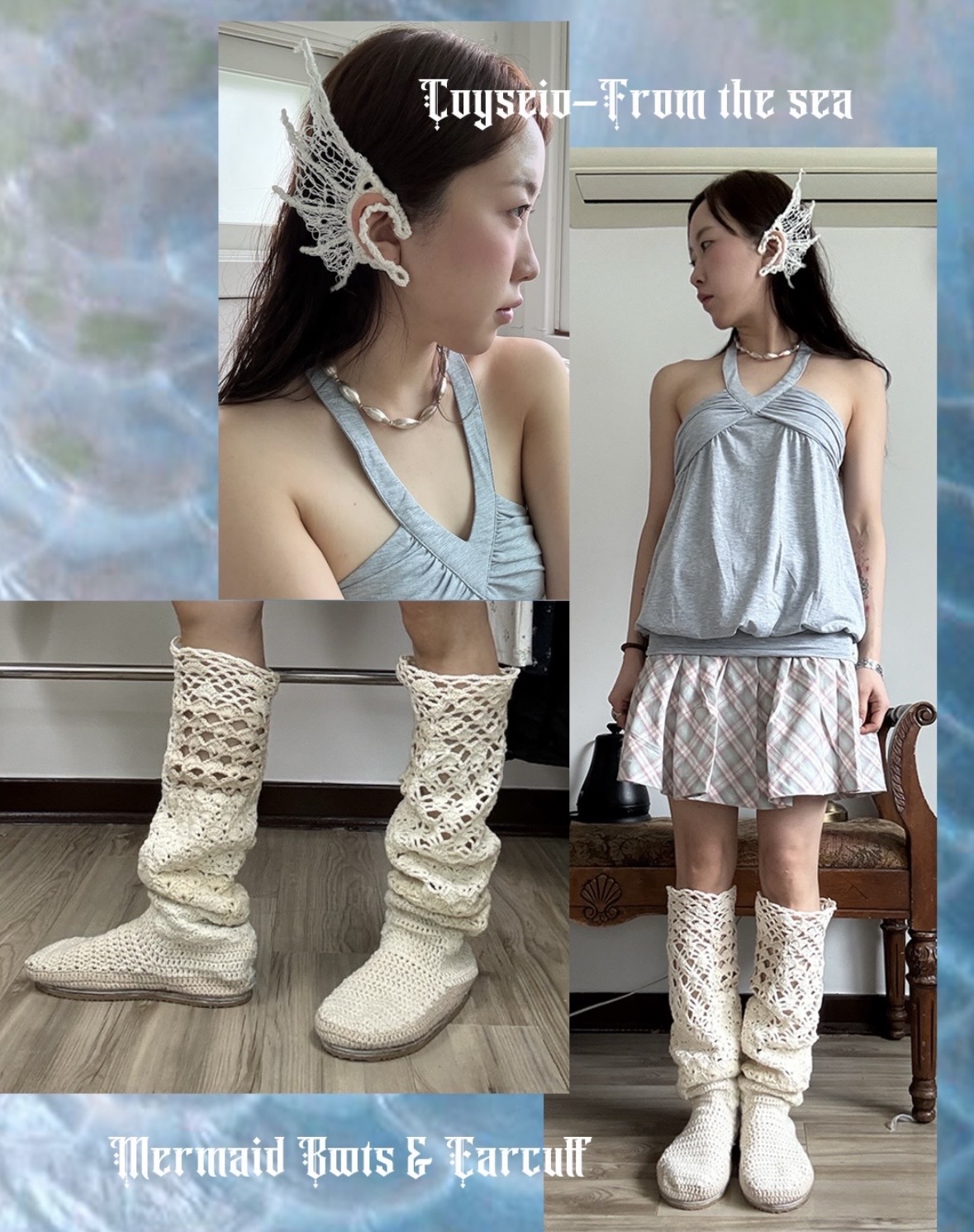 From the sea collage showing white openwork wing-shaped ear cuffs and crochet boots from several angles.