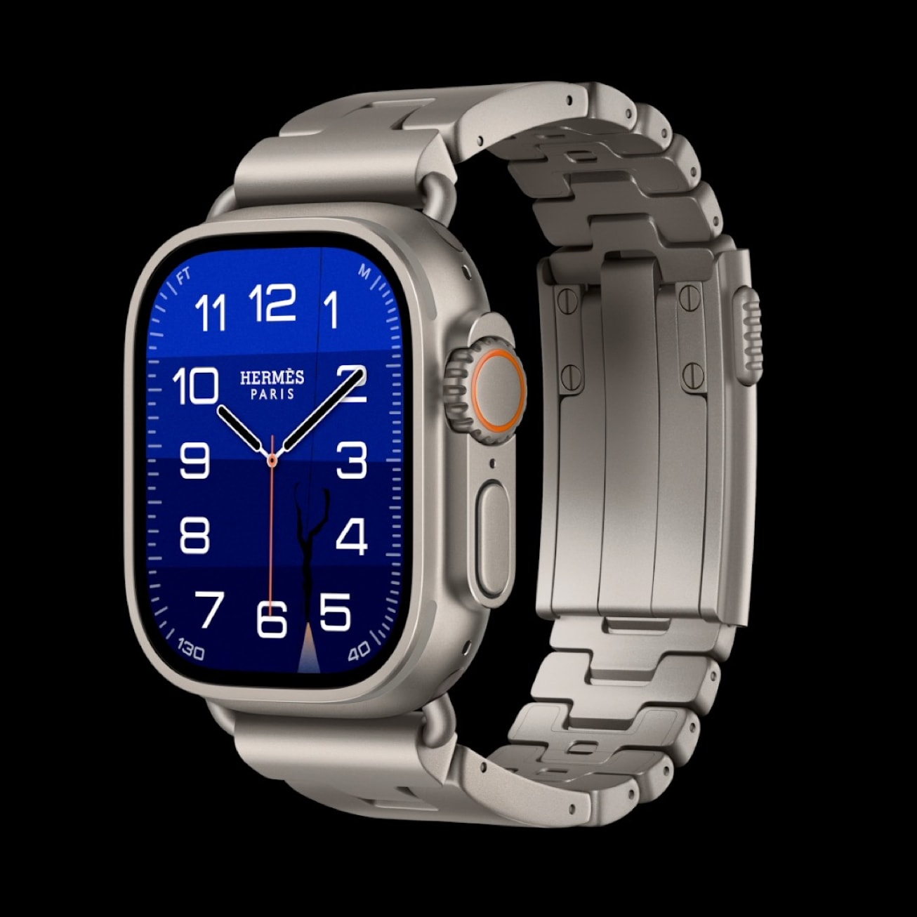 Apple Watch Hermès Ultra 4 Grand H titanium band fitted over a wetsuit