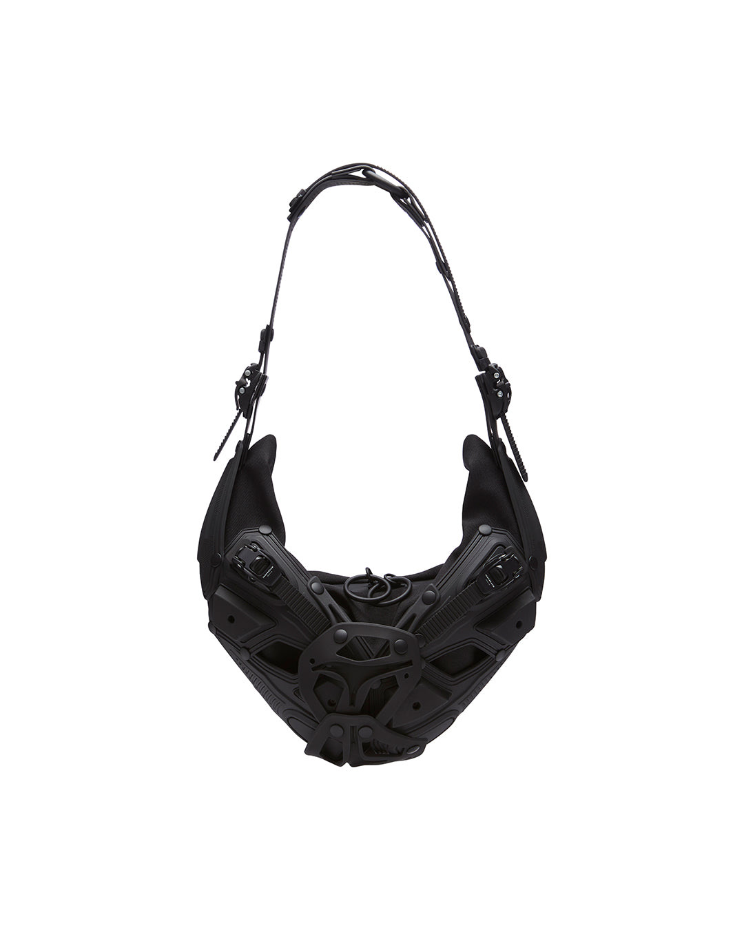 Innerraum black half-moon shoulder bag with a futuristic sculptural shell