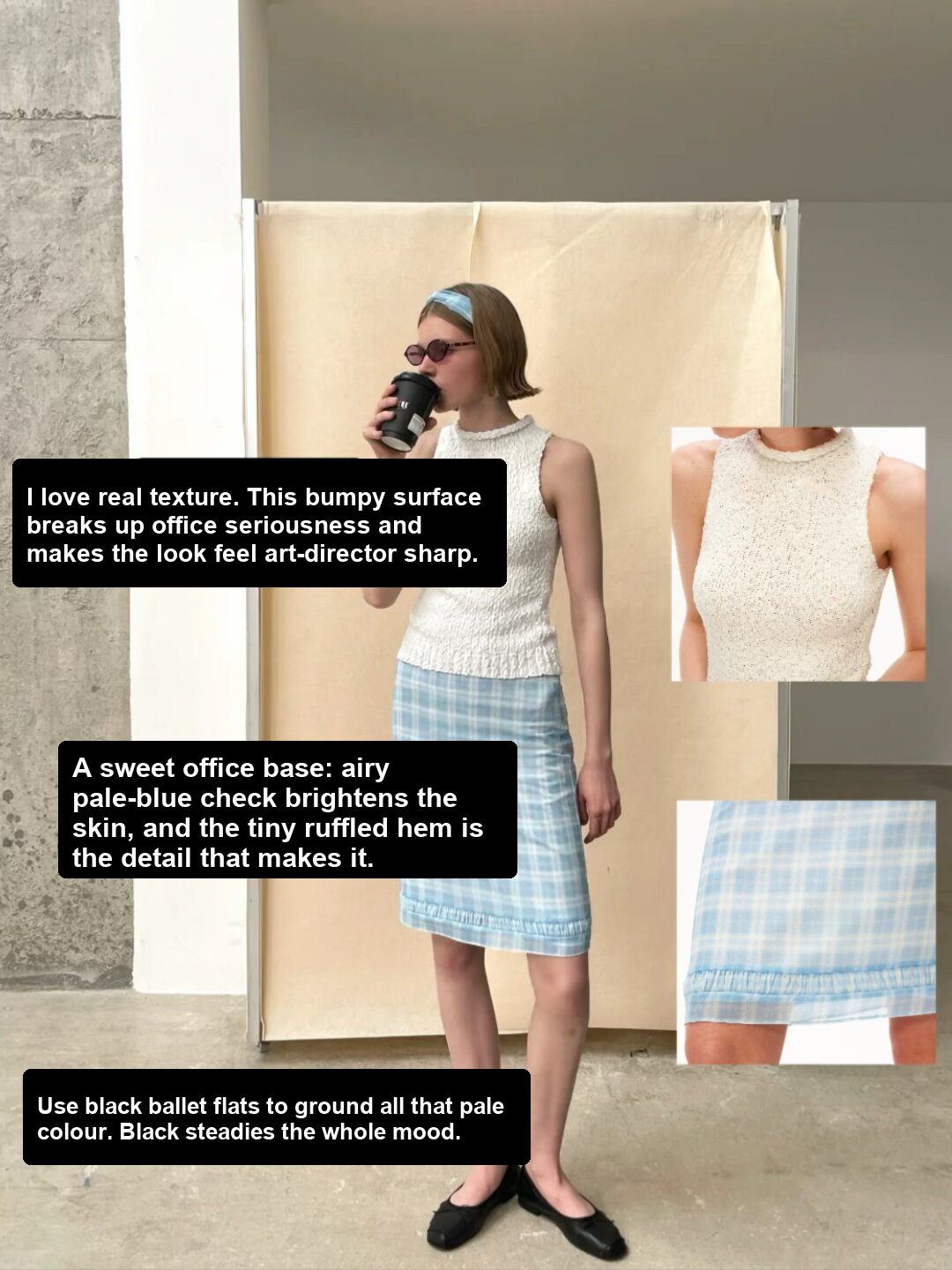 Textured sleeveless white top with pale blue checked skirt and black ballet flats