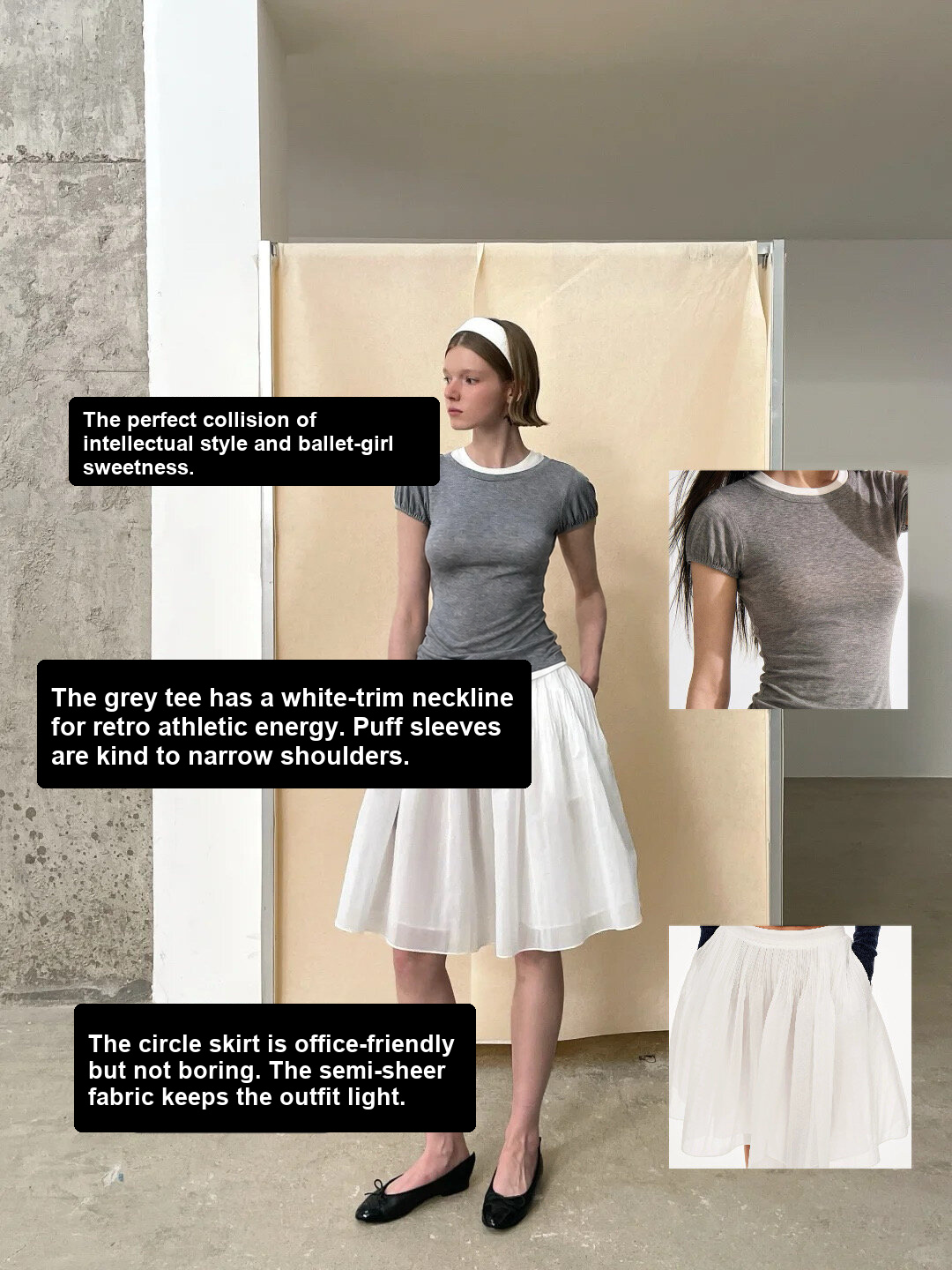 Grey tee with white circle skirt, black ballet flats and white headband