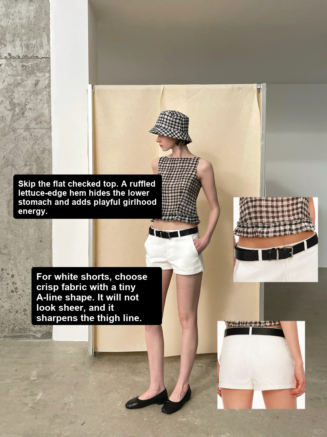 Checked sleeveless top with white shorts, black belt, bucket hat and black ballet flats