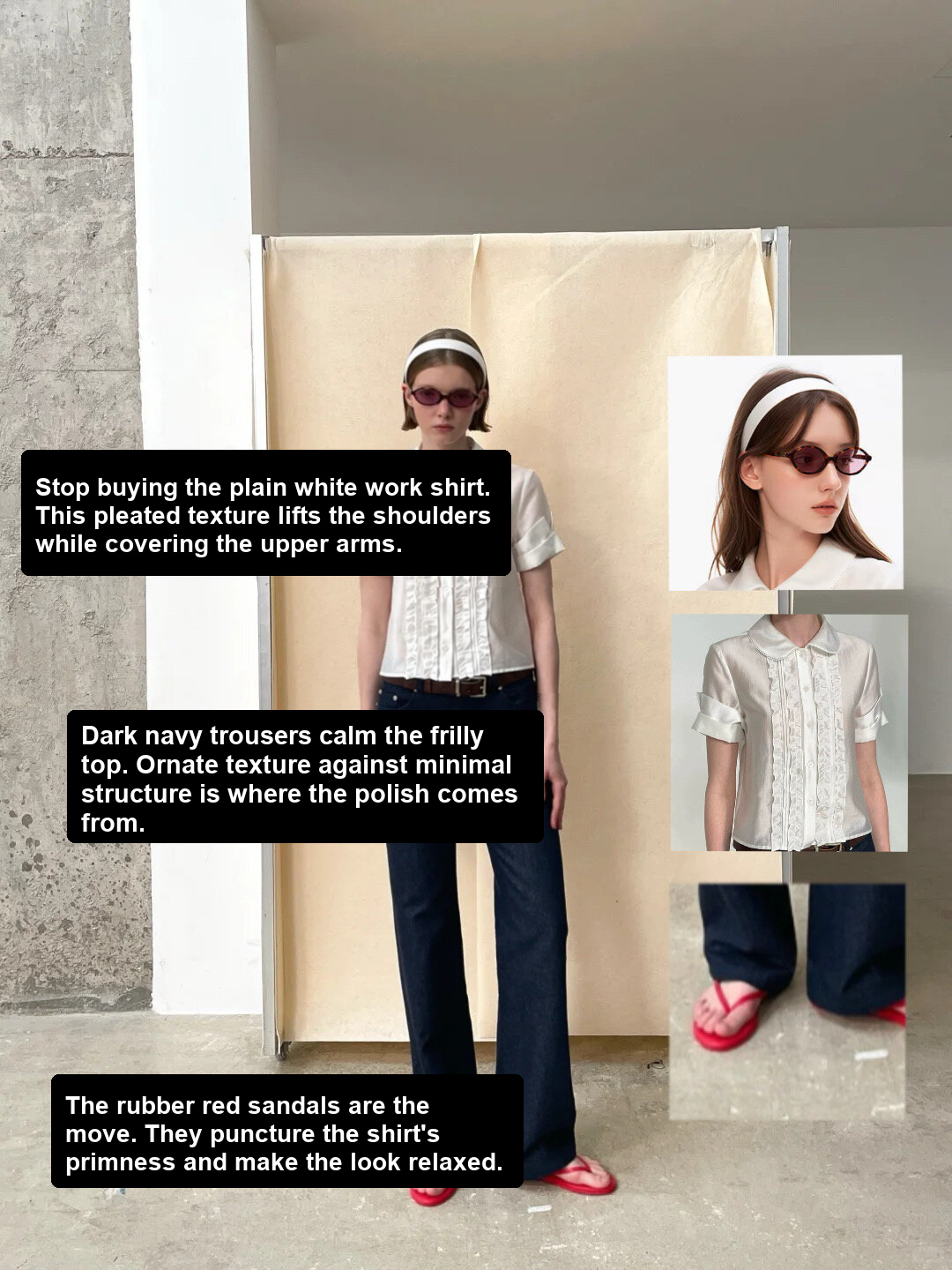 Textured white work shirt with dark navy trousers, red sandals and detail photos