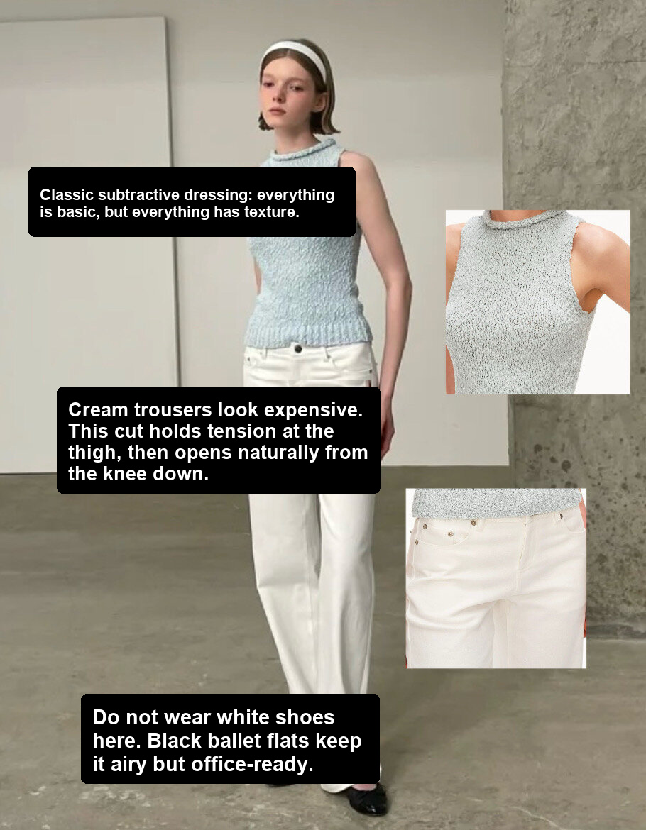 Textured pale blue sleeveless top with cream trousers and black ballet flats