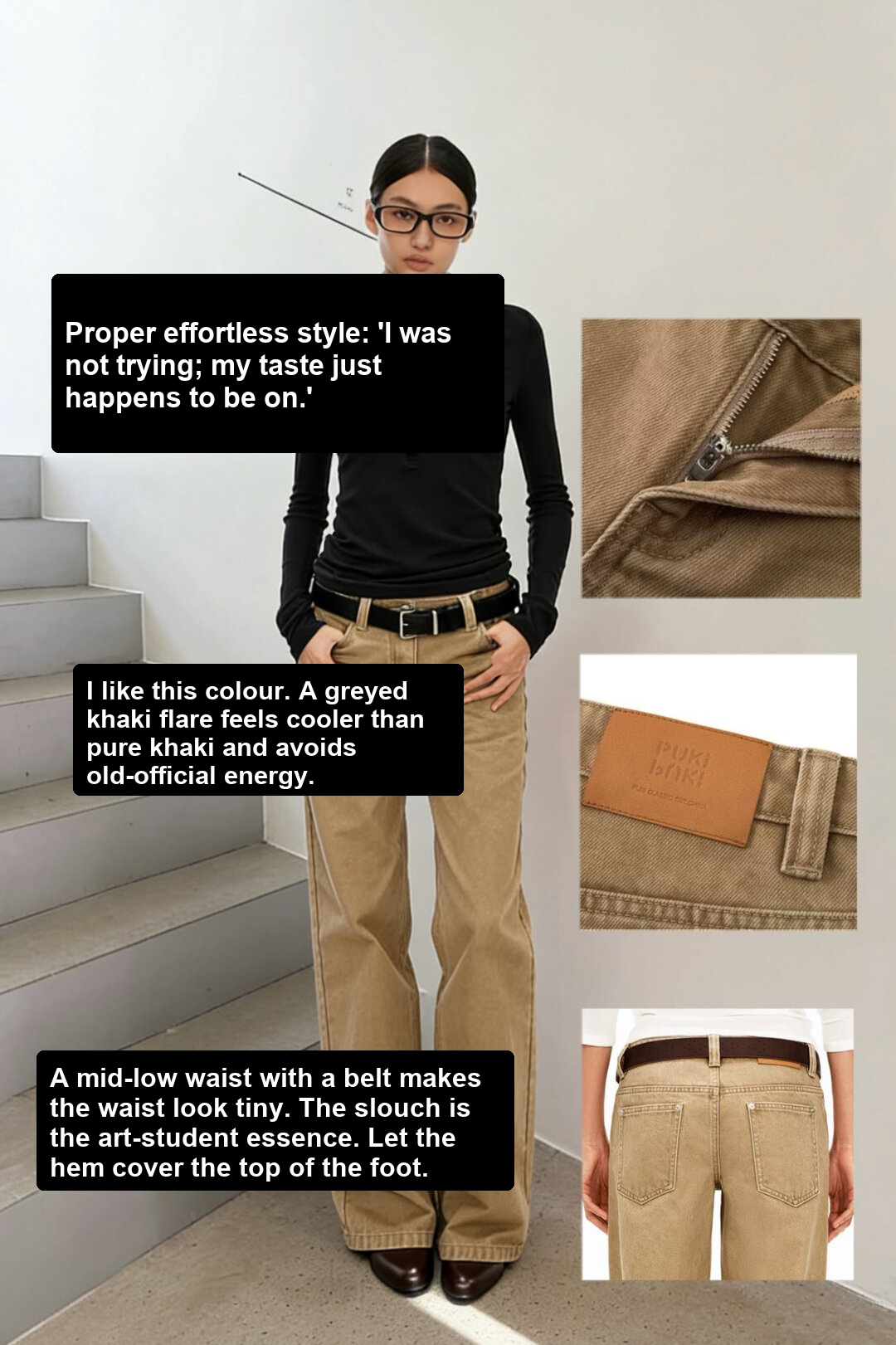 Black fitted top with greyed khaki trousers, belt, glasses and dark shoes