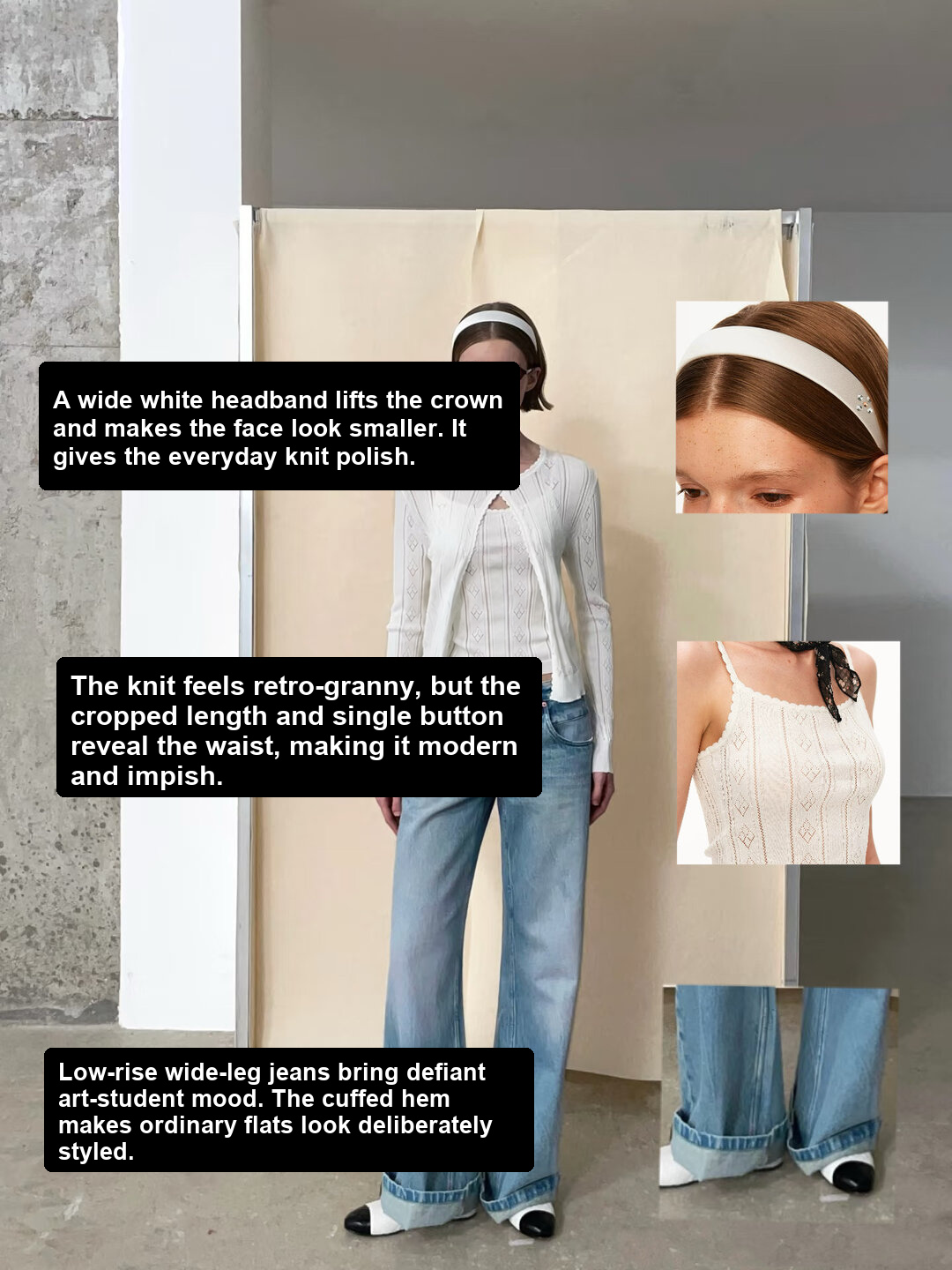 White headband with cropped white knit, low-rise wide-leg jeans and two-tone flats