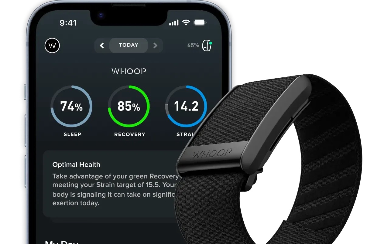 WHOOP 5.0 screenless fitness tracker band with recovery and strain metrics