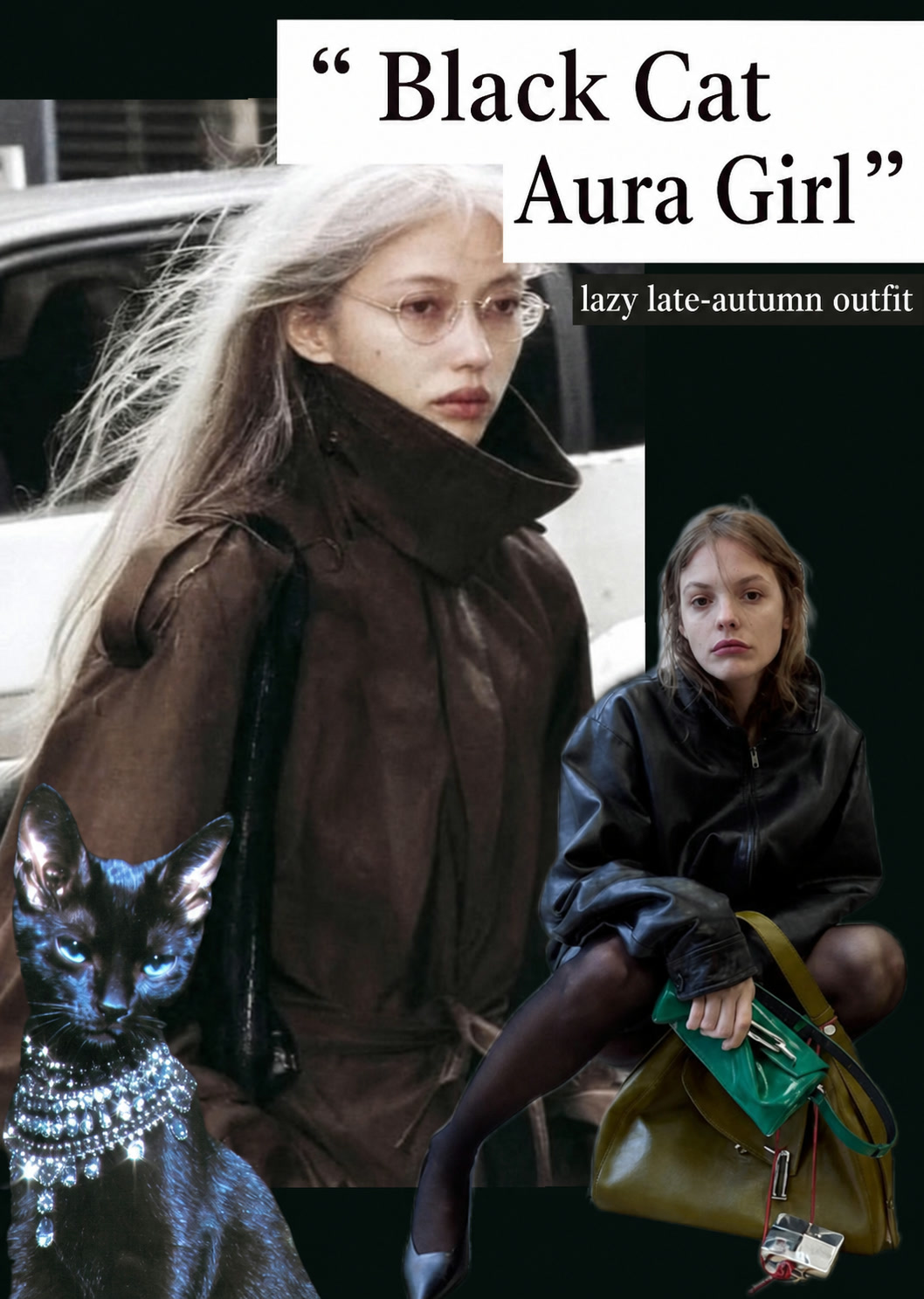 Dark layered black cat inspired outfit with leather, tailoring, and a controlled silhouette