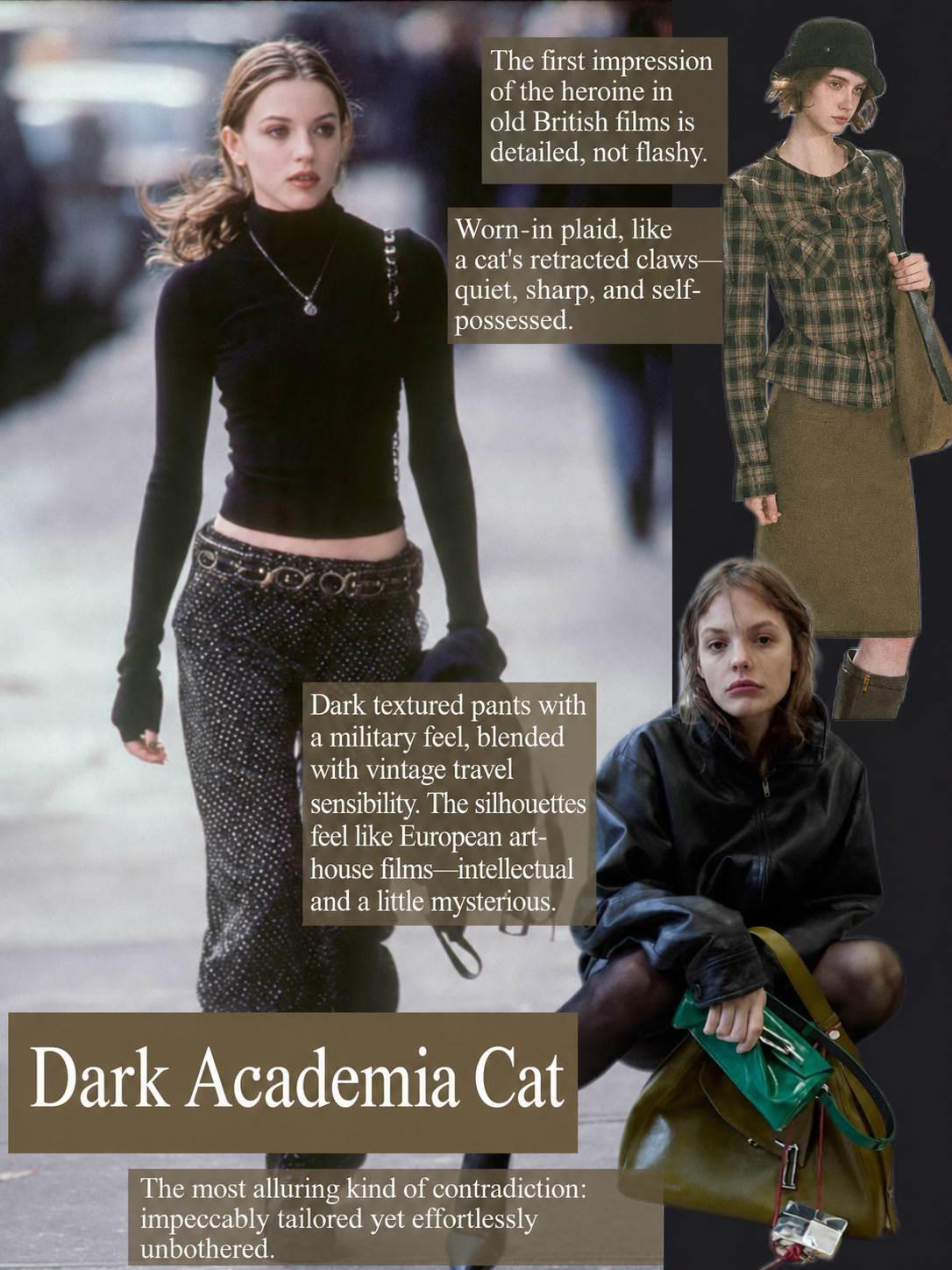 A dark feminine outfit using contrast between a fitted top, flowing skirt, and statement accessories