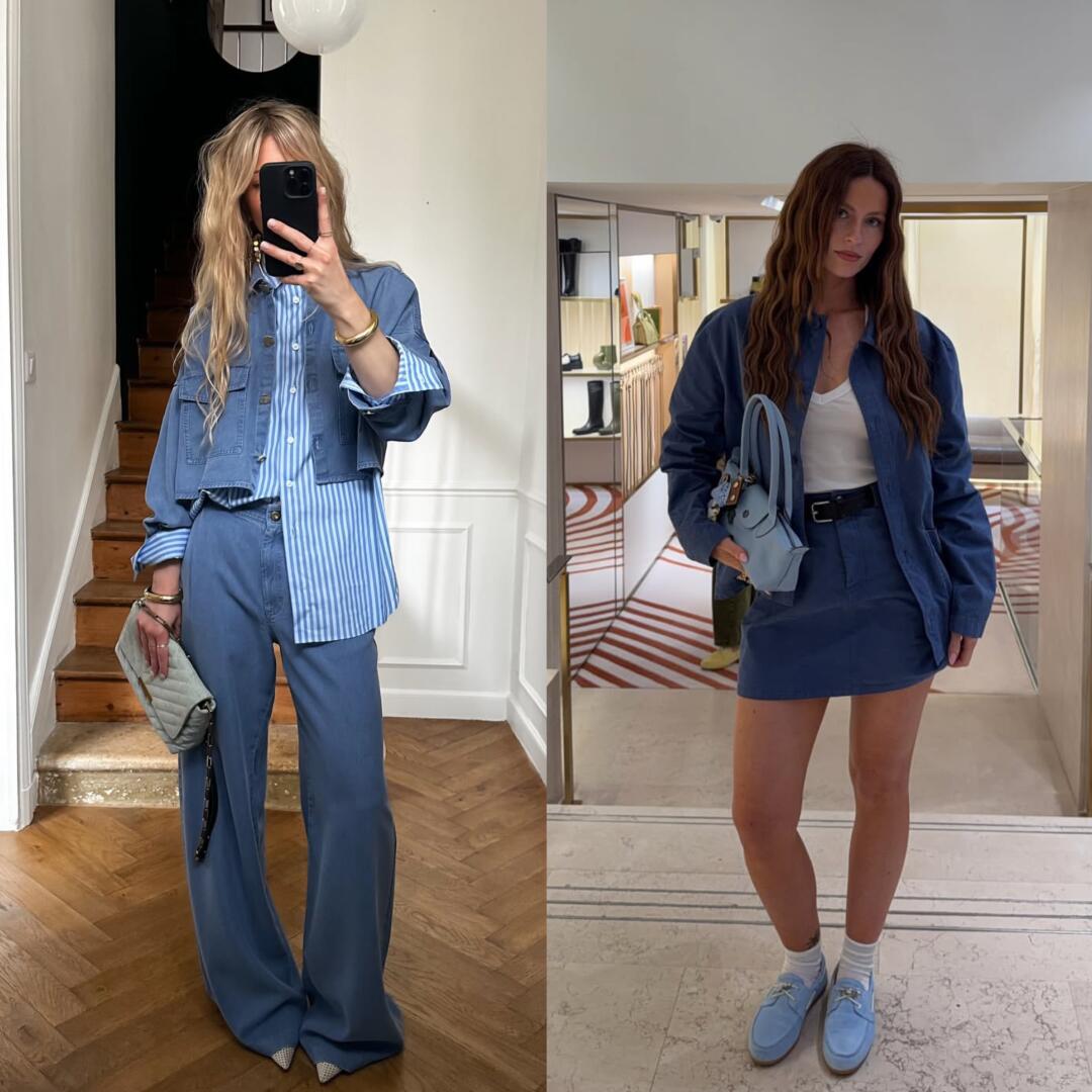 Blue knitwear and tailored pieces creating a balanced fall look