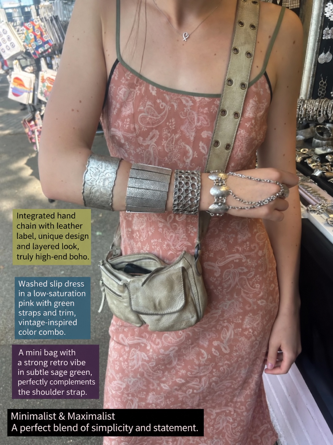 Hand chain, pink paisley slip dress and sage mini bag in a bohemian look