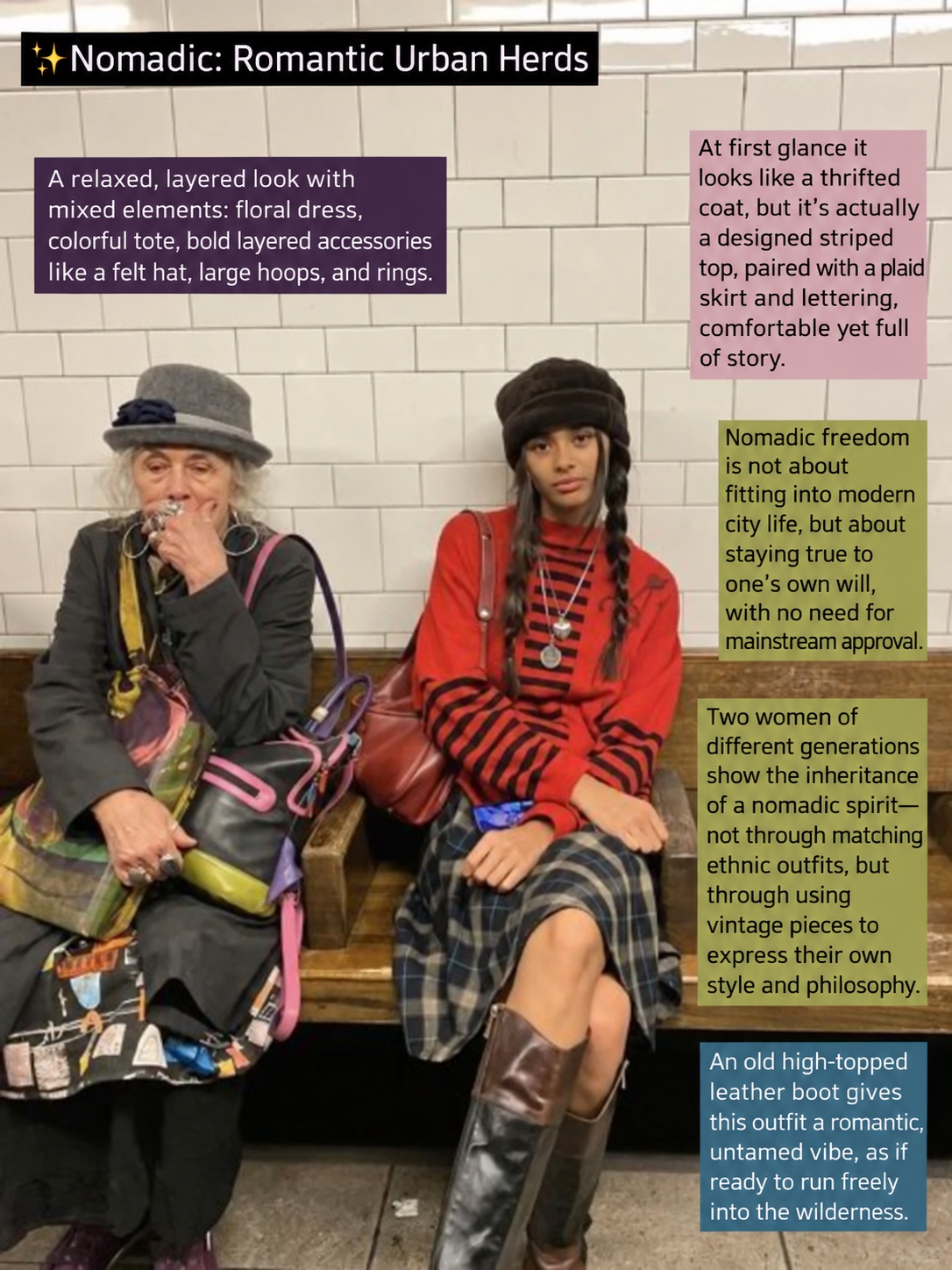 Two seated people in hats and layered outfits, including a red striped top, plaid skirt and tall boots