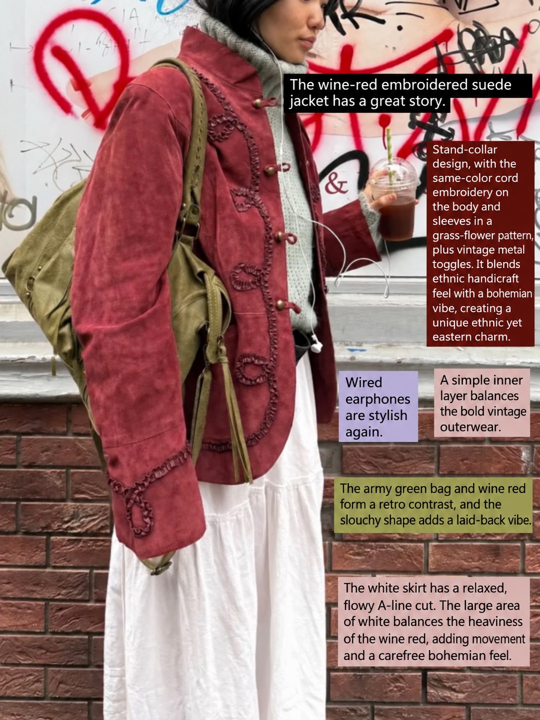 Wine-red embroidered jacket paired with a soft white skirt