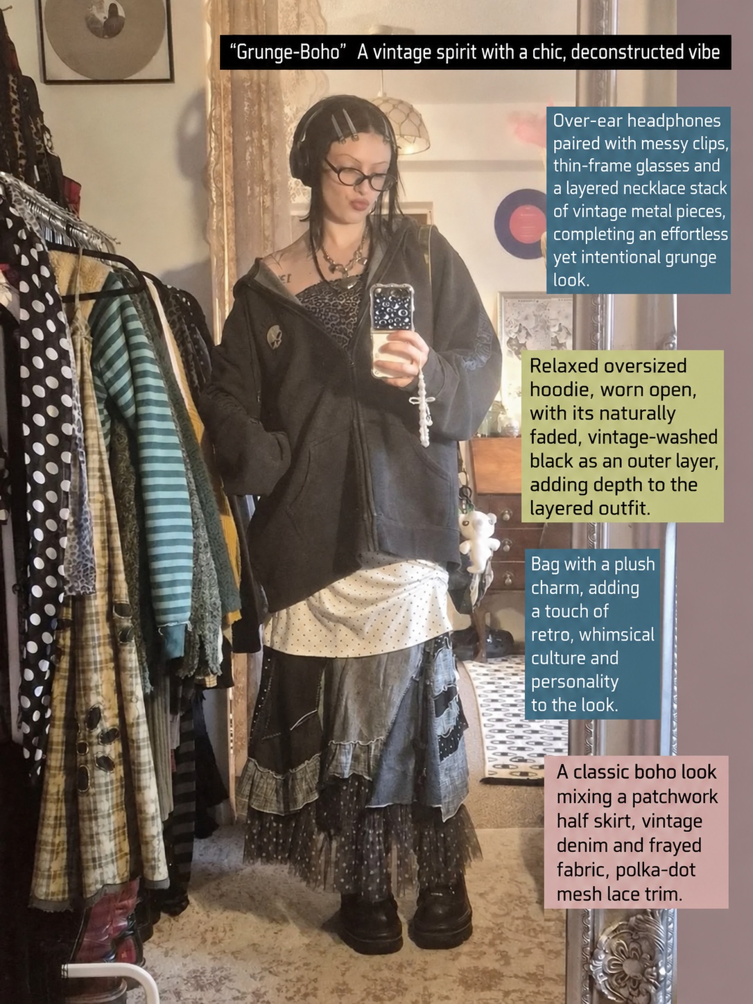 Mirror selfie with headphones, a dark zip hoodie, layered necklaces and a patchwork skirt
