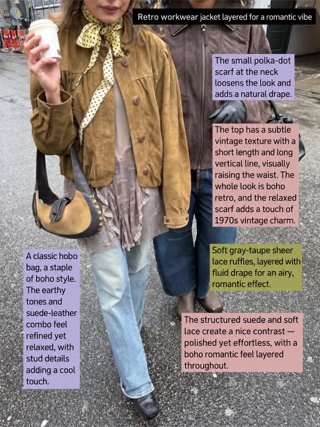 Tan cropped jacket over lace layers and light-wash jeans, with a polka-dot scarf and crescent bag