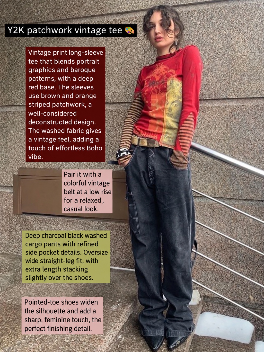 Y2K patchwork T-shirt with relaxed cargo trousers