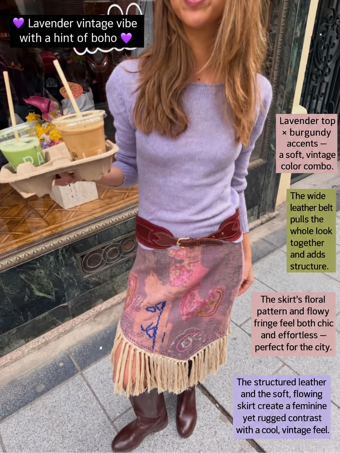 Lavender knit top with a patterned fringed skirt, burgundy belt and tall boots