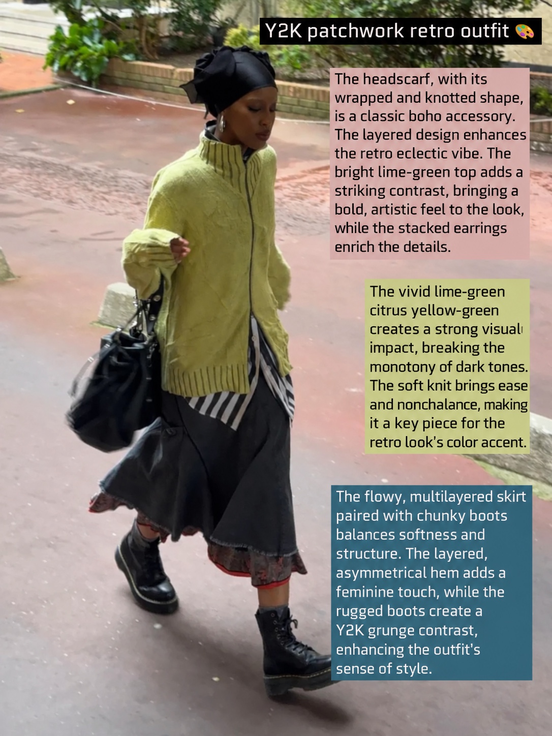 Lime-green cardigan with a black headwrap, layered dark skirt and chunky lace-up boots