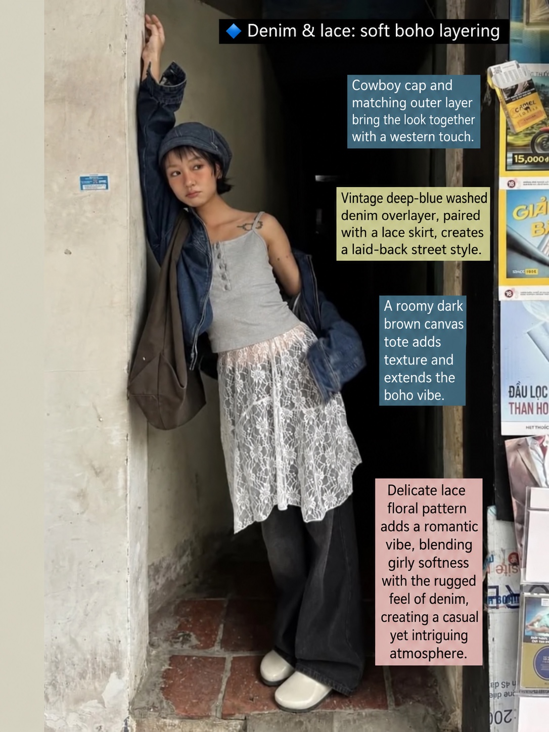 Dark denim jacket and cap with a grey camisole, white lace skirt and wide-leg trousers