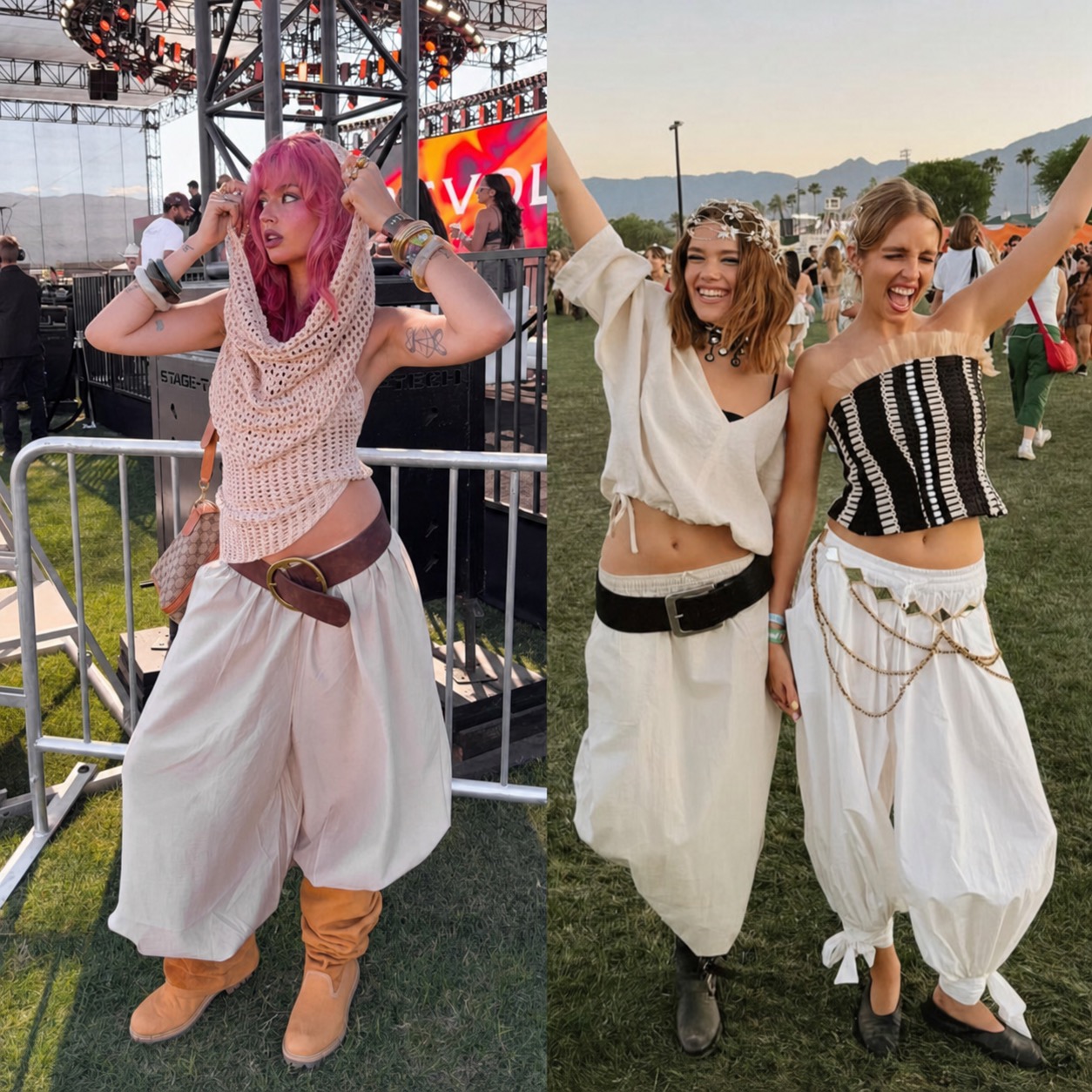Black and white festival styling with layered boho details