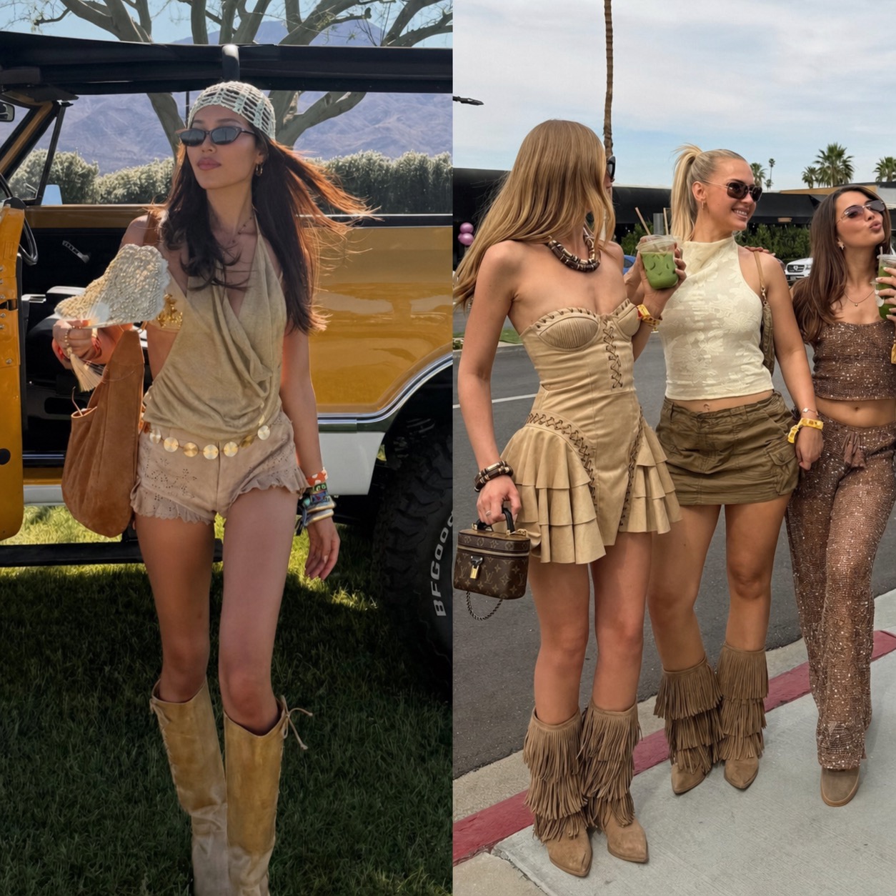 Modern boho festival outfit with layered vacation styling