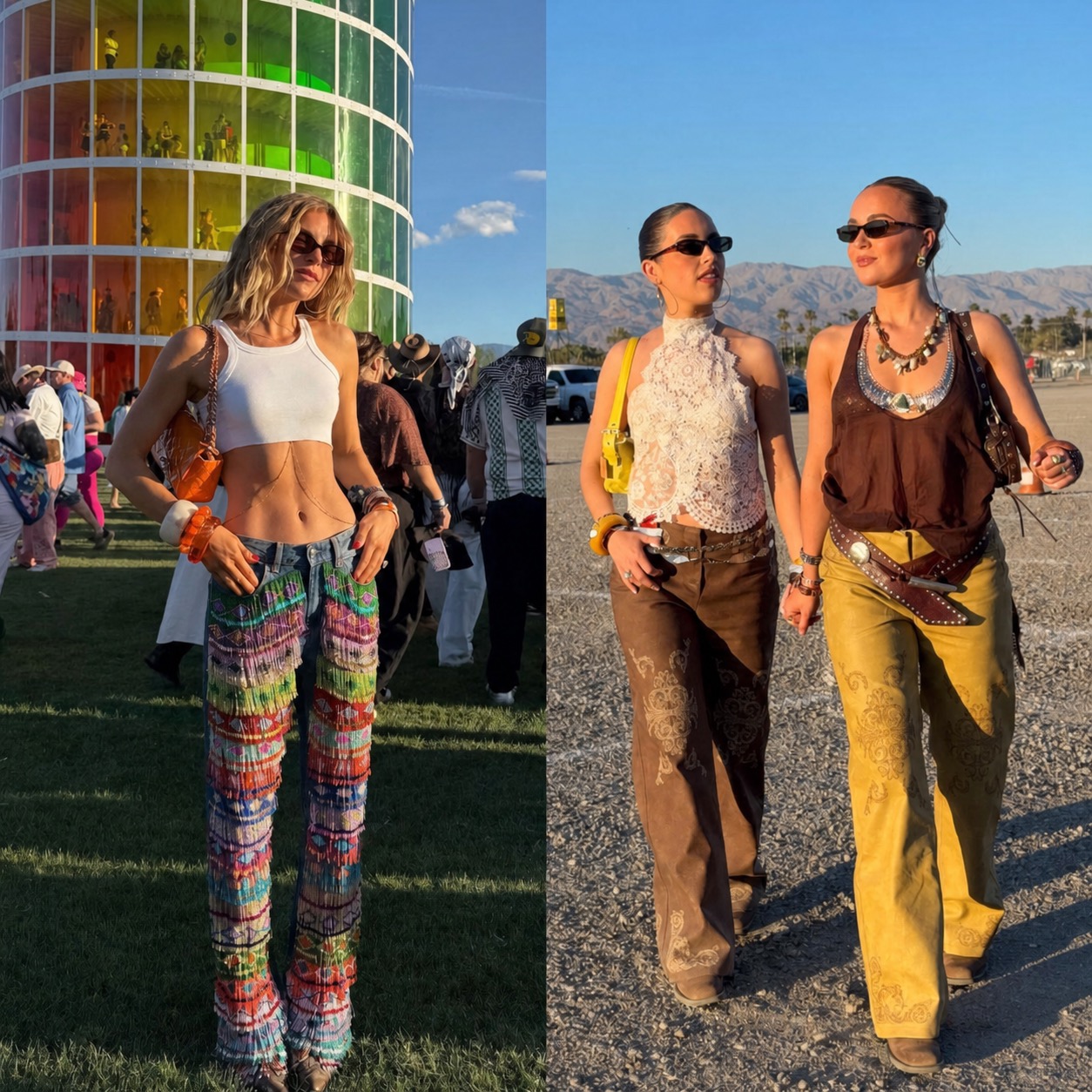Finished music festival outfit with boho and future-alt styling cues