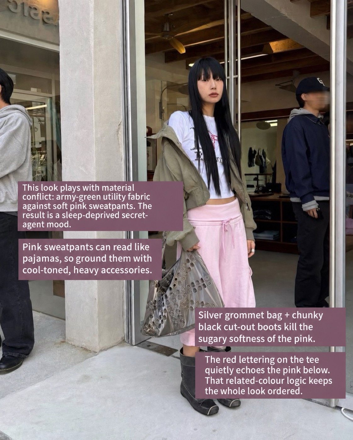 Pink sweatpants outfit with army green utility jacket, silver grommet bag and black cut-out boots