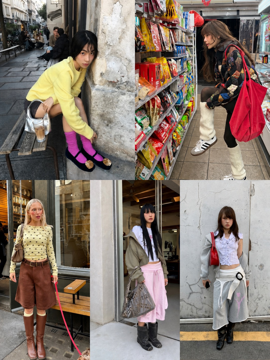 Collage of bold color outfit ideas with pink sweatpants, red bags, brown boots, grey layers and saturated accents