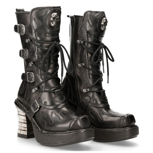 New Rock black platform boot with laces, multiple buckles, and a chunky geometric sole