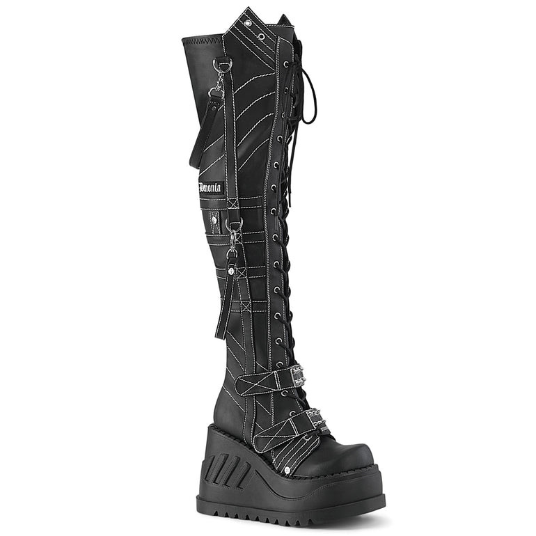 Demonia Stomp black vegan leather platform boot with laces and buckles