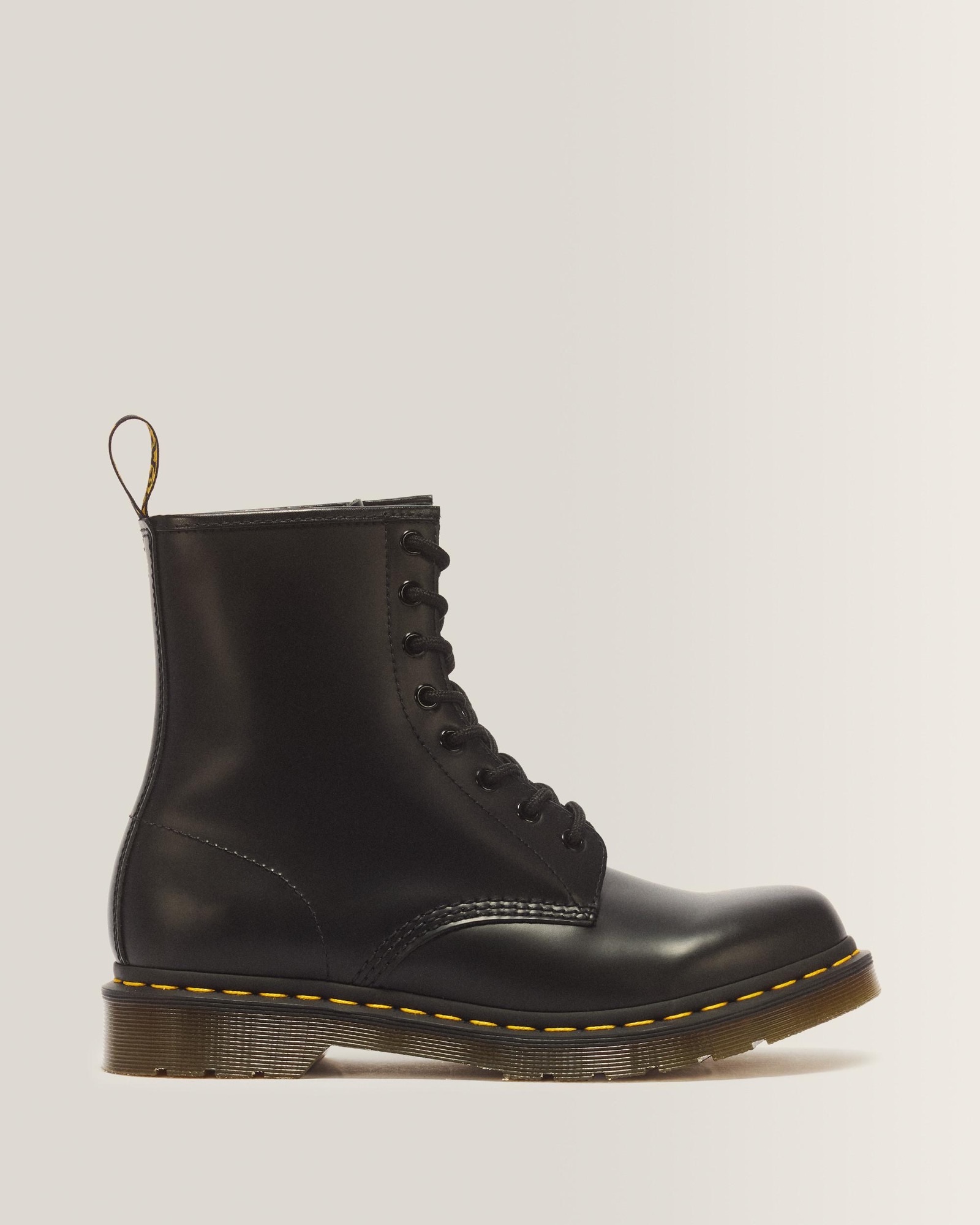 Dr. Martens 1460 Smooth Leather black lace-up boot with yellow welt stitching