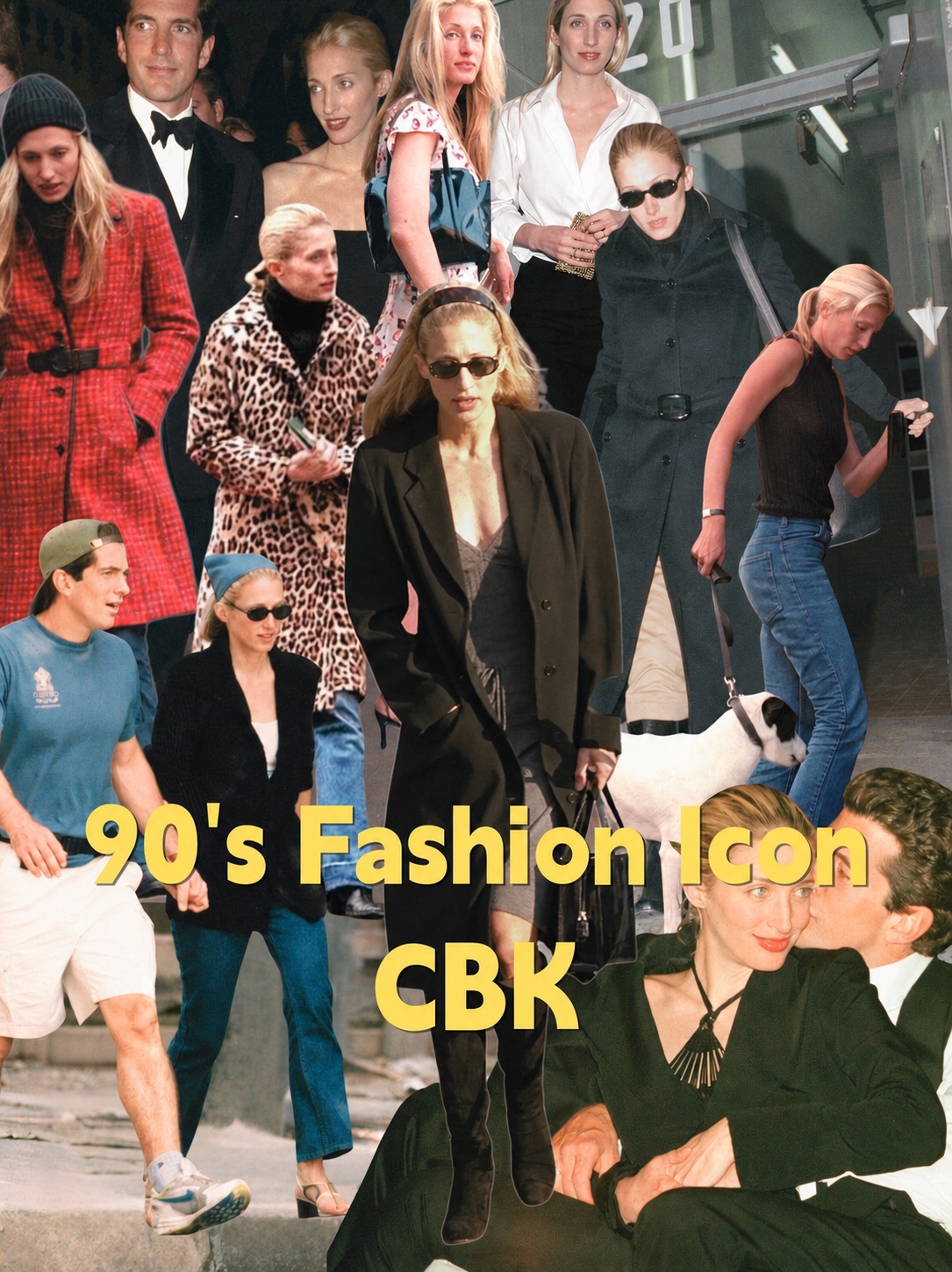 Carolyn Bessette Kennedy style collage with 90s minimalist fashion references