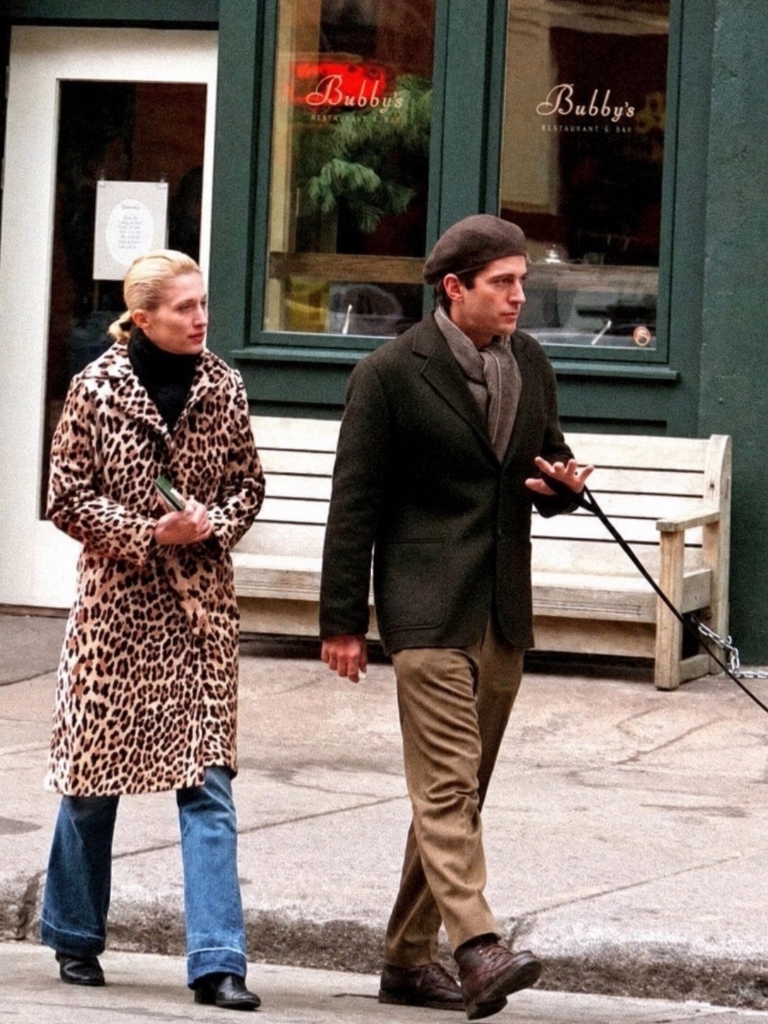 Carolyn Bessette Kennedy leopard coat outfit with jeans and black turtleneck