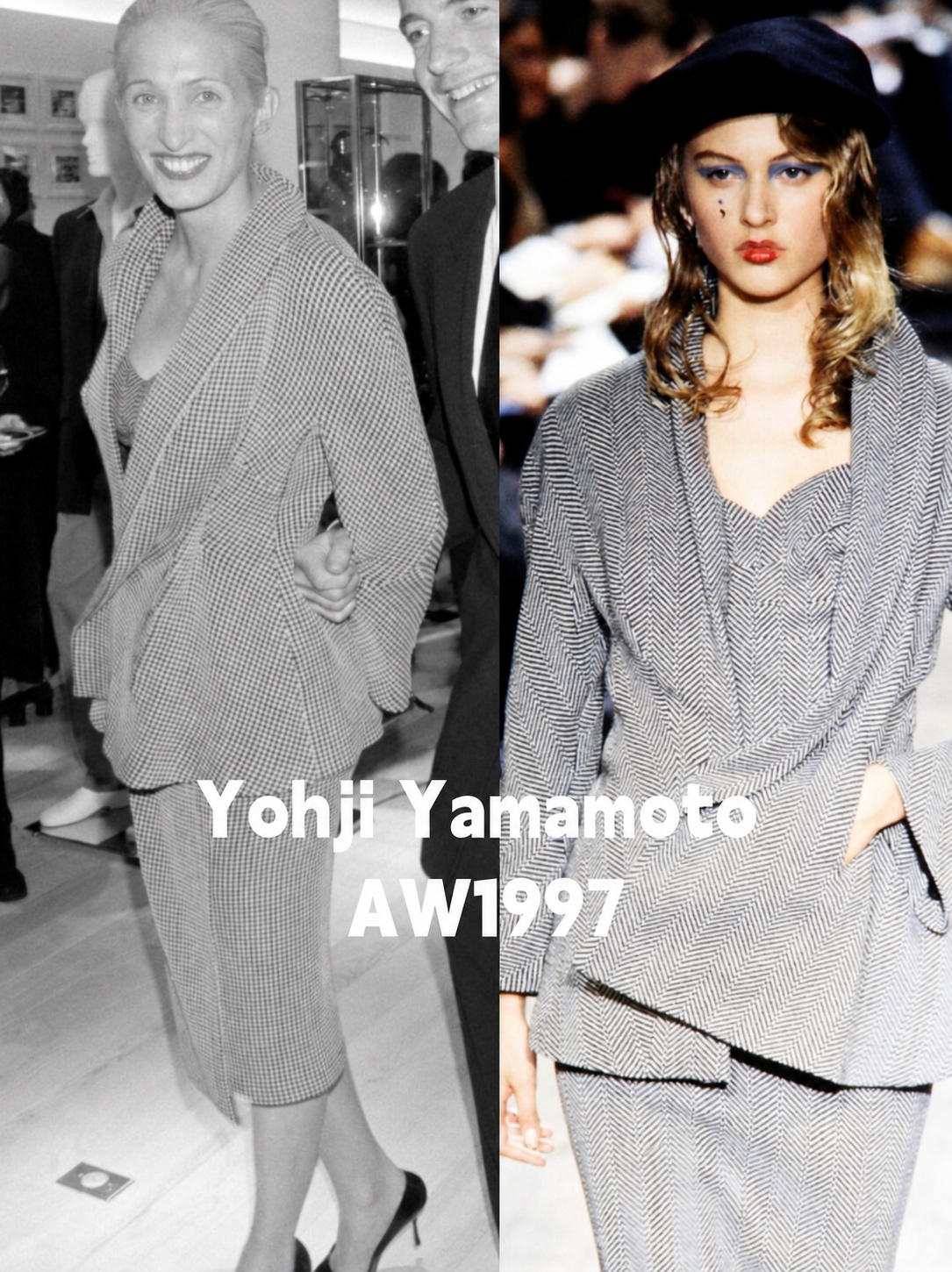 Yohji Yamamoto AW1997 reference with grey tailoring and Carolyn Bessette Kennedy style comparison