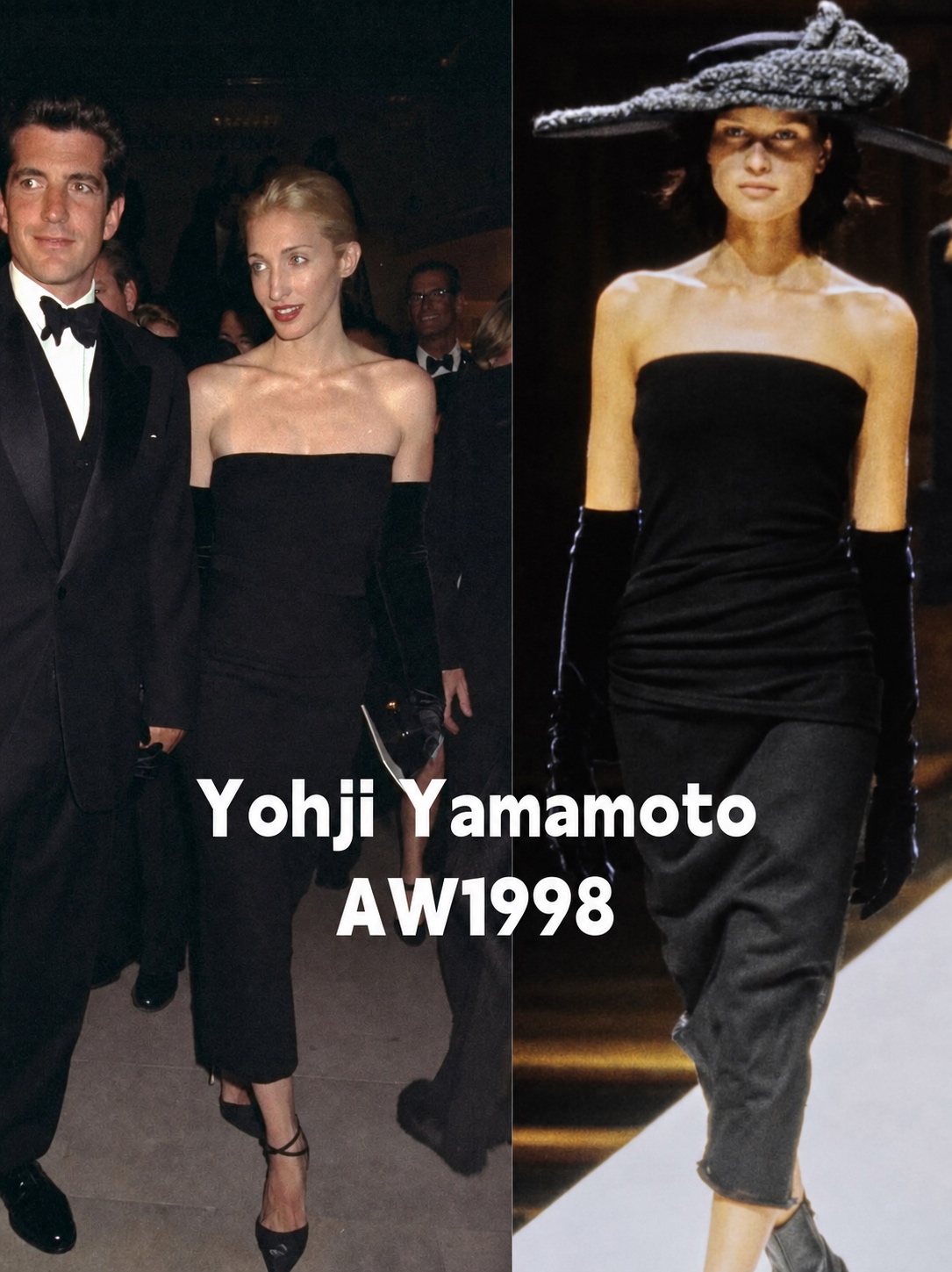 Yohji Yamamoto AW1998 black eveningwear reference beside Carolyn Bessette Kennedy style