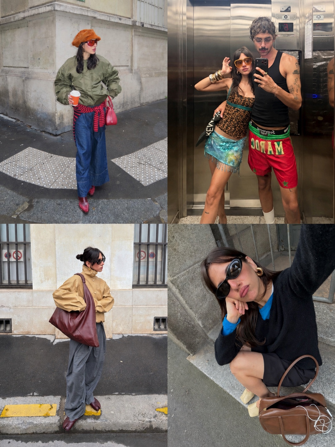 European retro outfit with leather jacket, wide-leg denim and vintage sunglasses