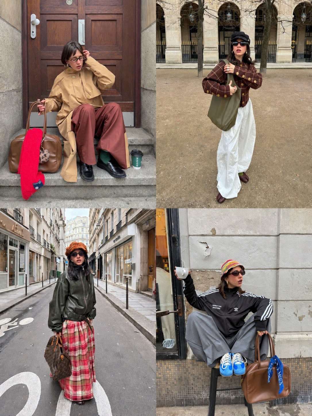 Bold color outfit with green accent, relaxed trousers and city backdrop