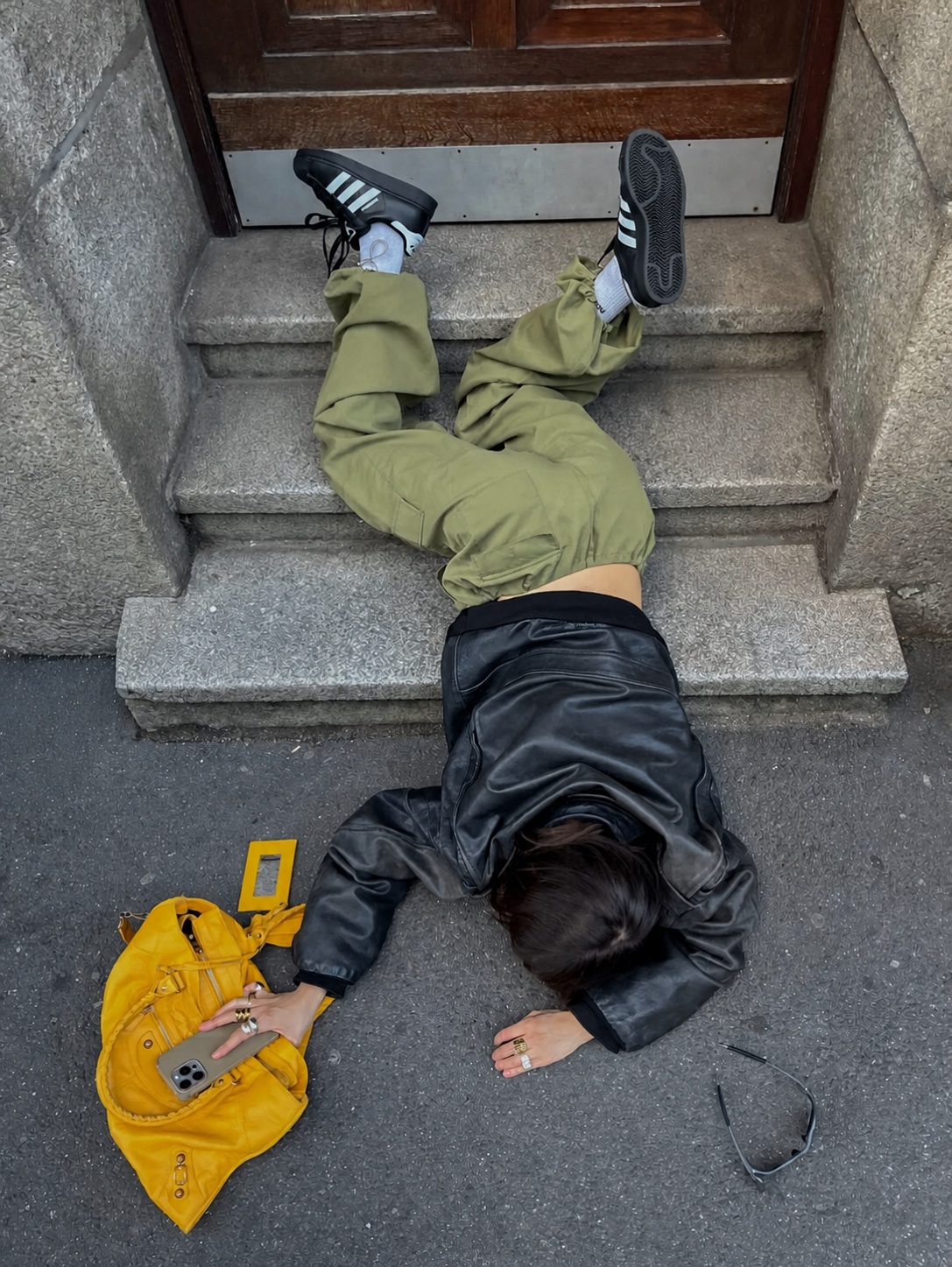 Bold retro outfit with saturated colour and casual sneaker styling