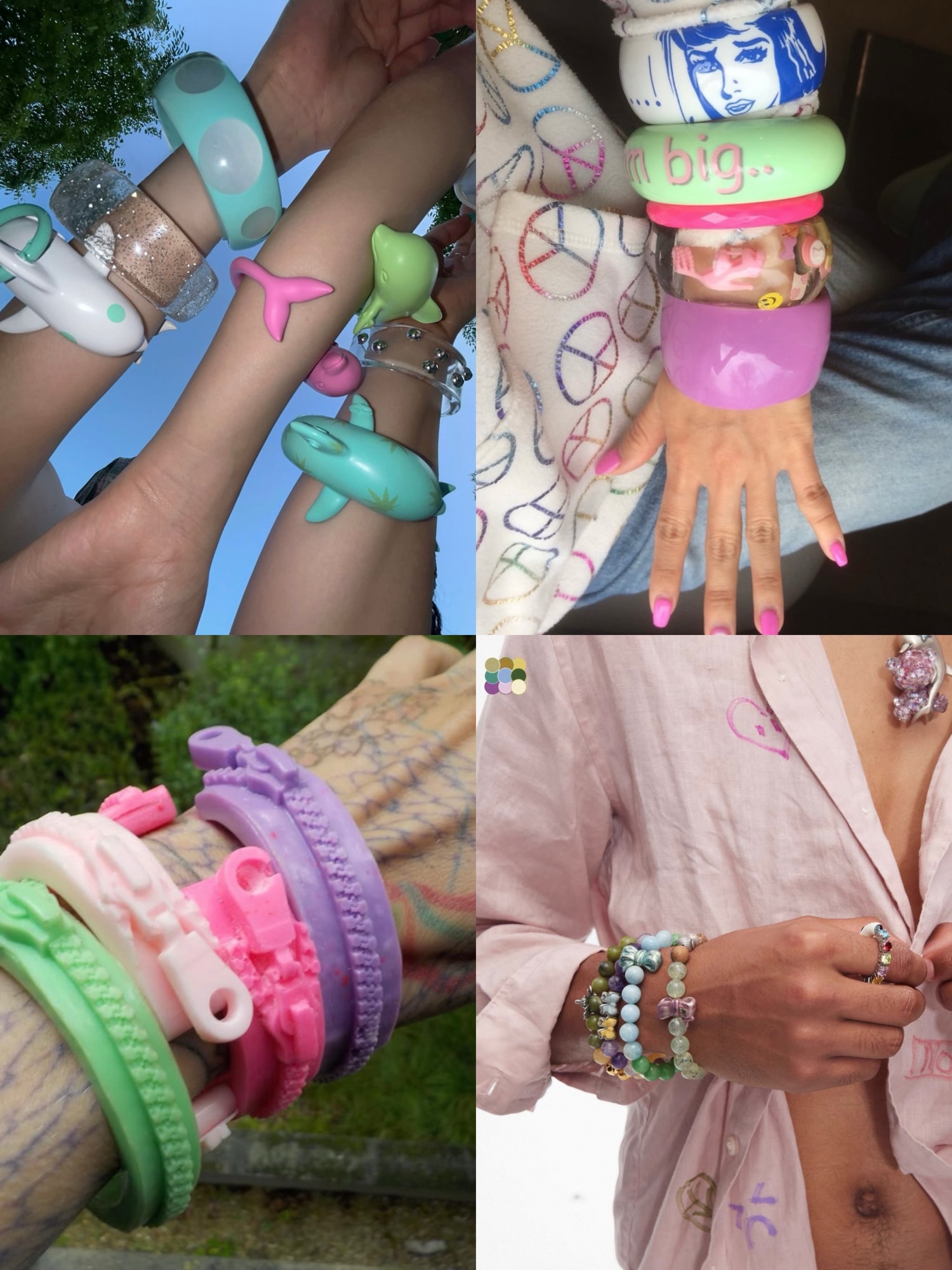 Four-panel collage of pastel dolphin cuffs, colorful bangle stacks, zipper bracelets and multicolored bead bracelets.